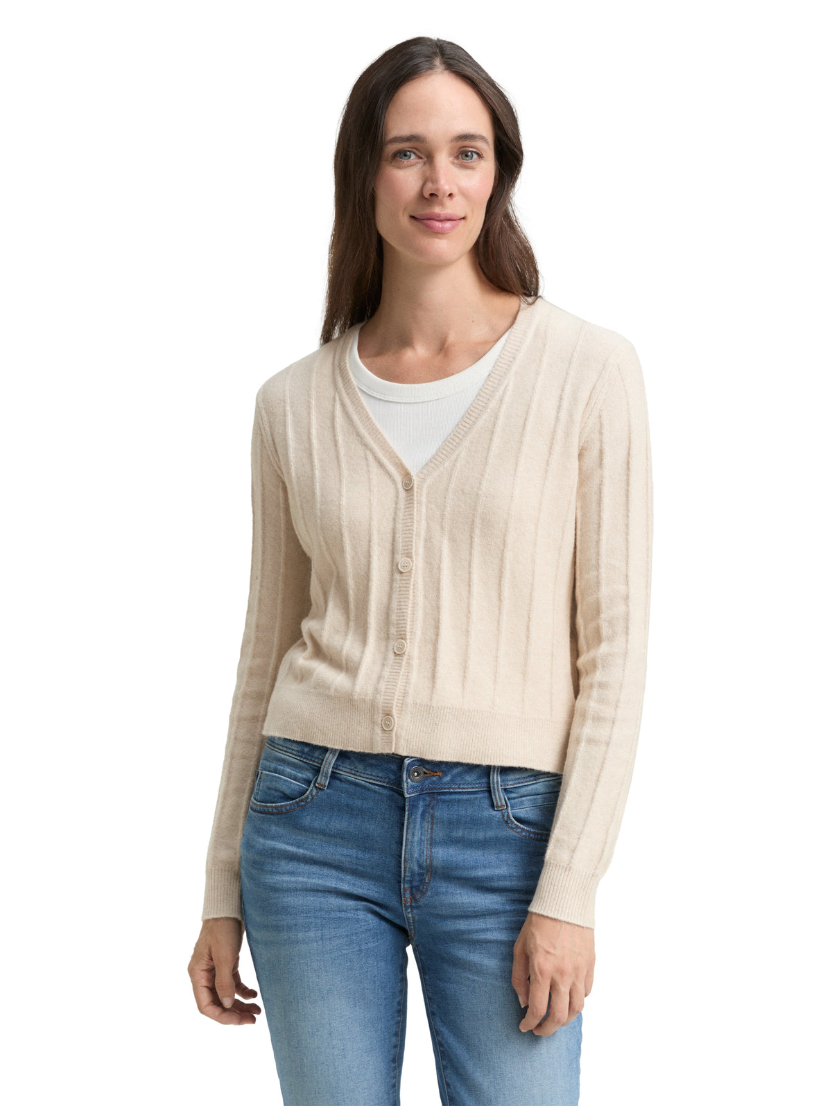 Tom Tailor Beige Ribbed Cardigan with Wool Content