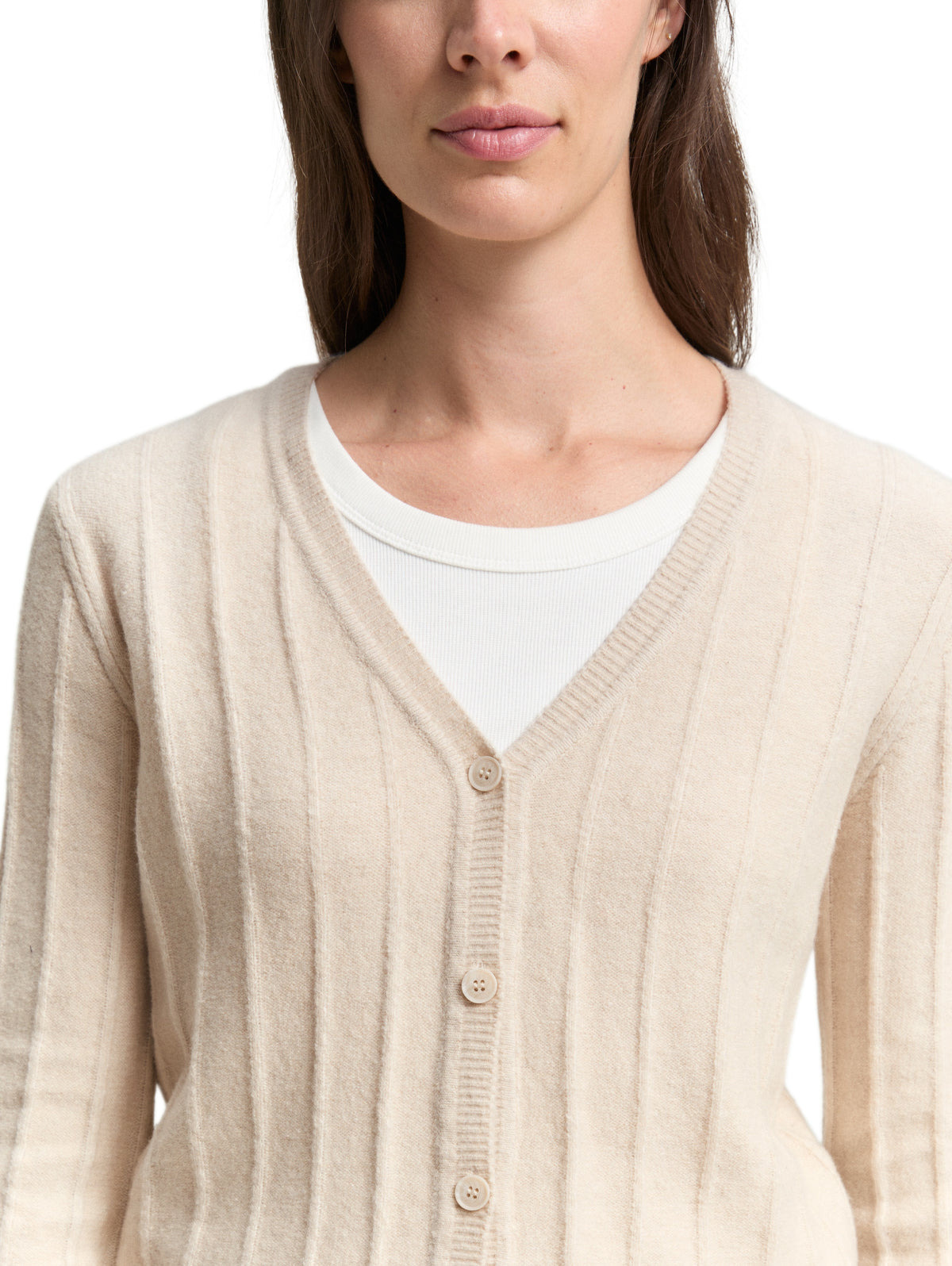 Tom Tailor Beige Ribbed Cardigan with Wool Content