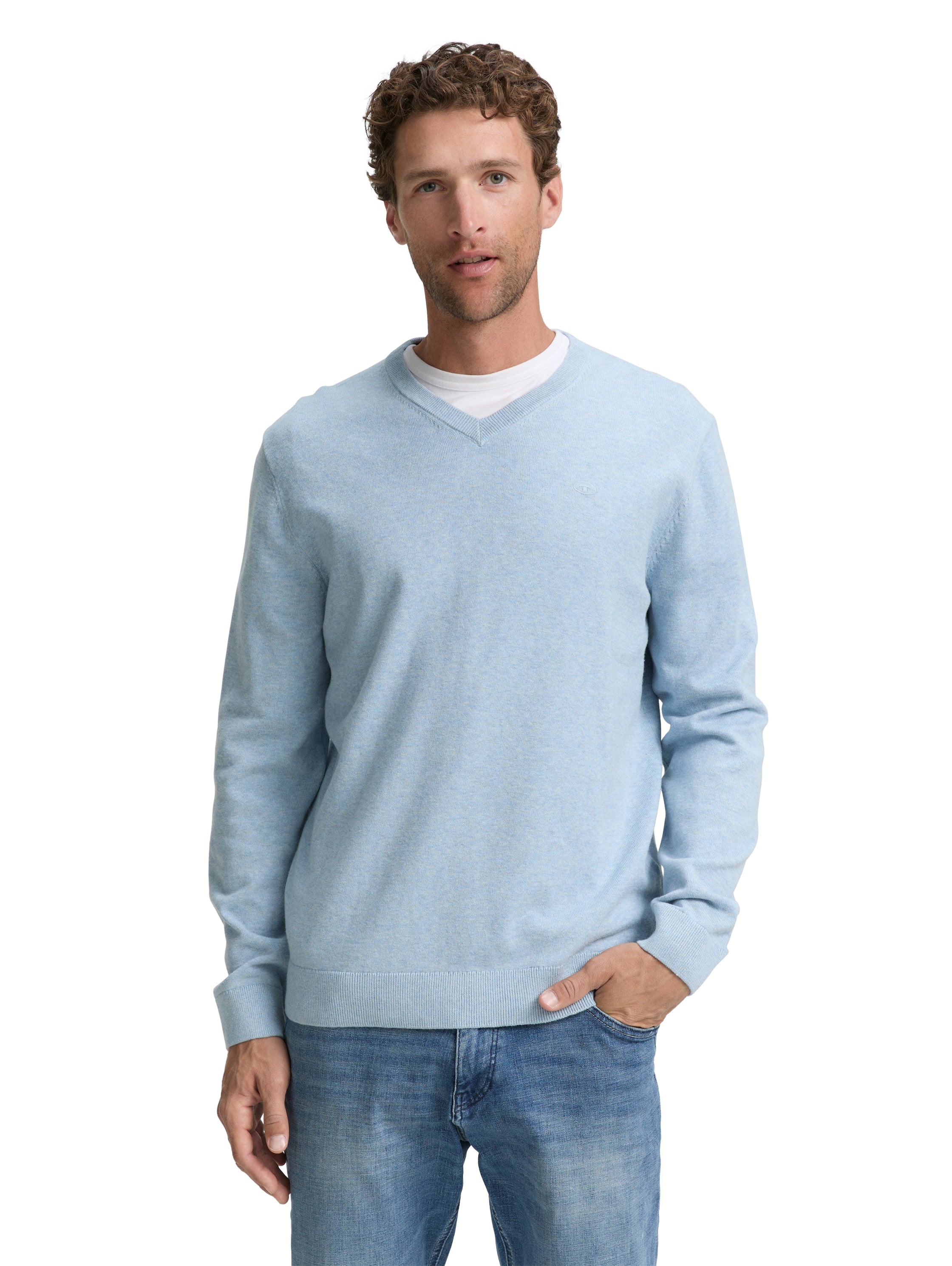 Tom Tailor Cotton V-Neck Knitted Blue Pullover