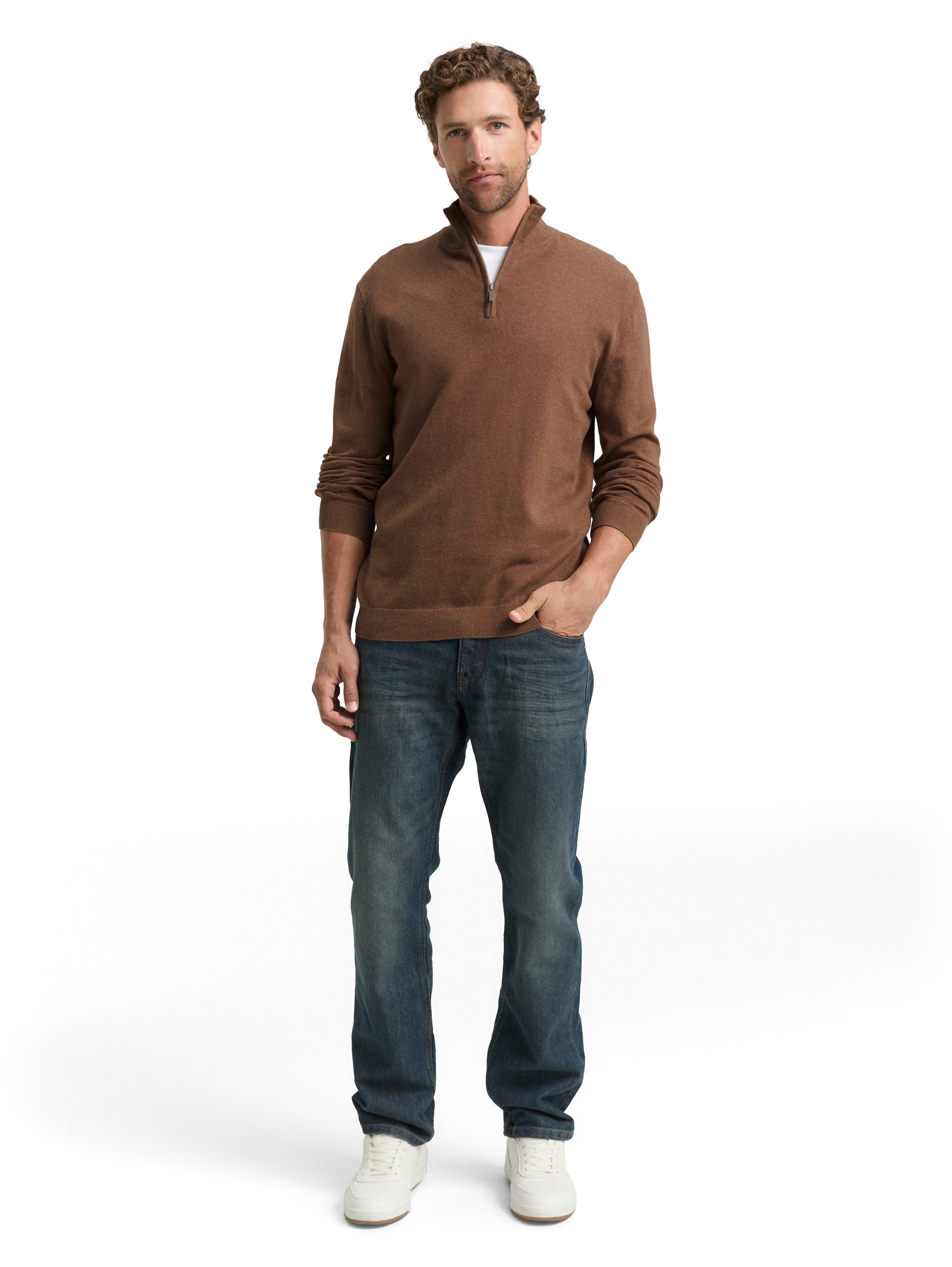 Tom Tailor Knit Brown Pullover With Half Zipper To Close