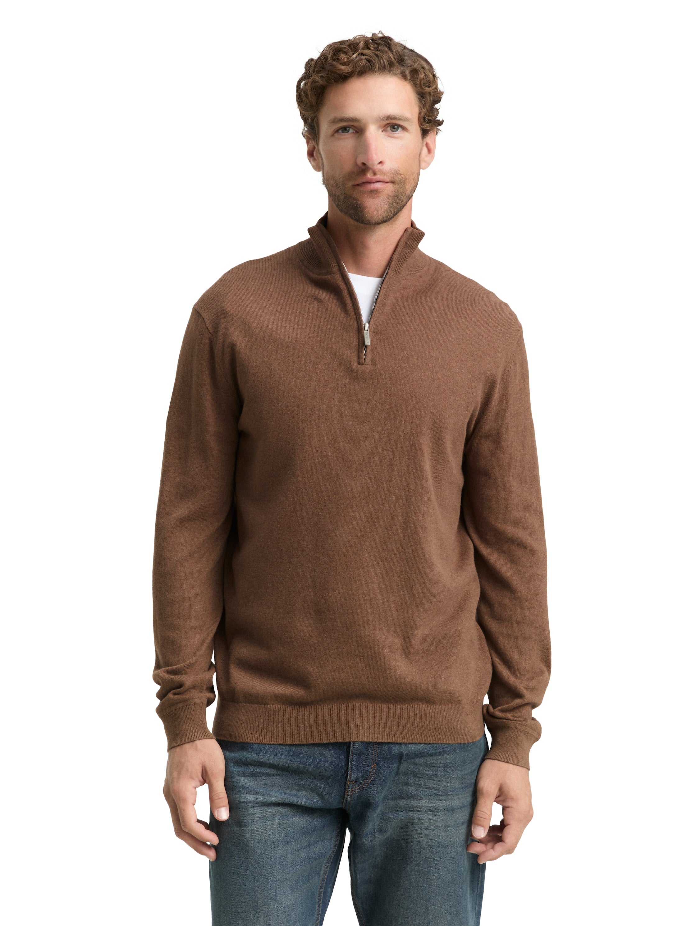 Tom Tailor Knit Brown Pullover With Half Zipper To Close
