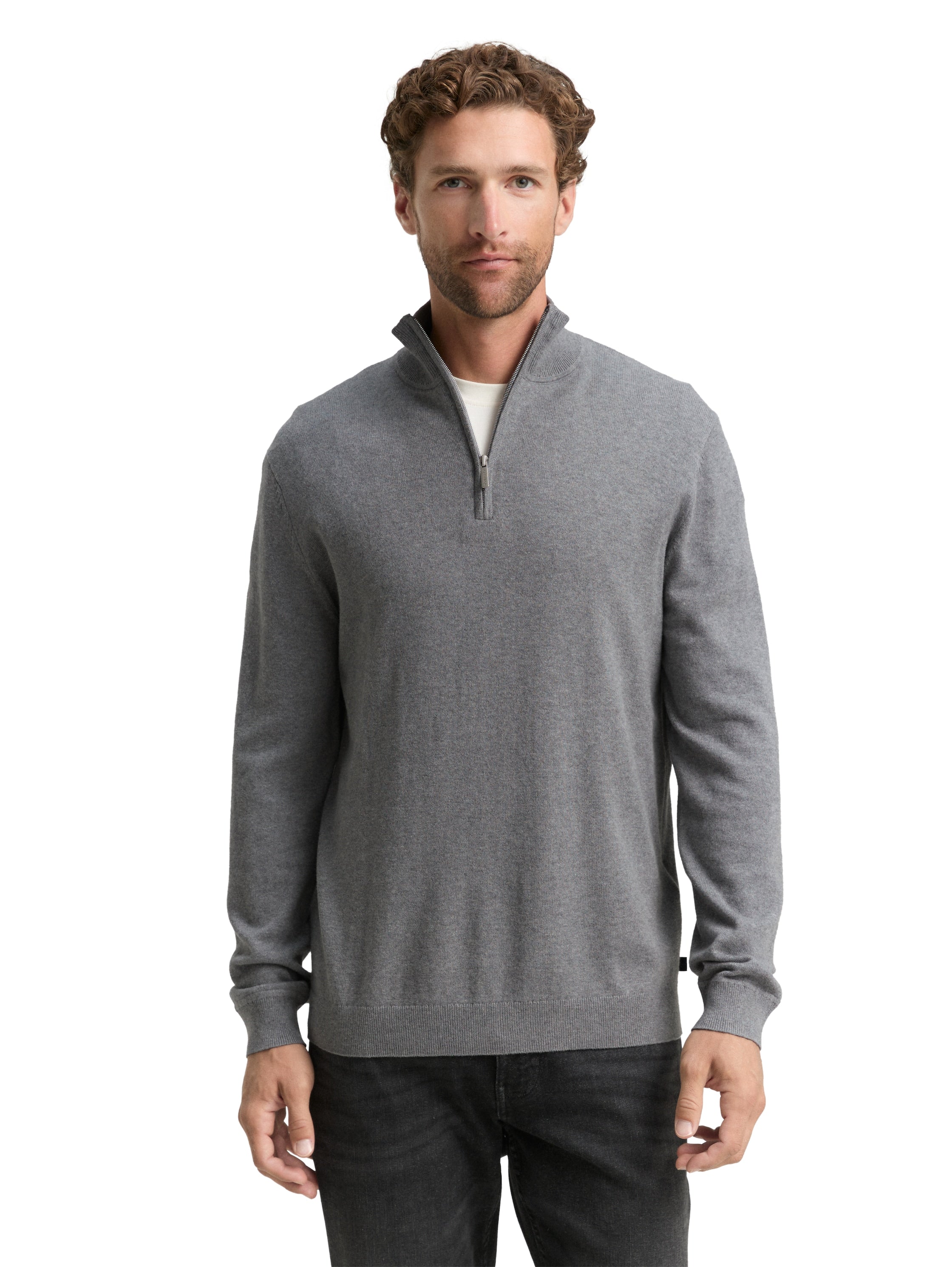 Tom Tailor Knit Grey Pullover With Half Zipper To Close