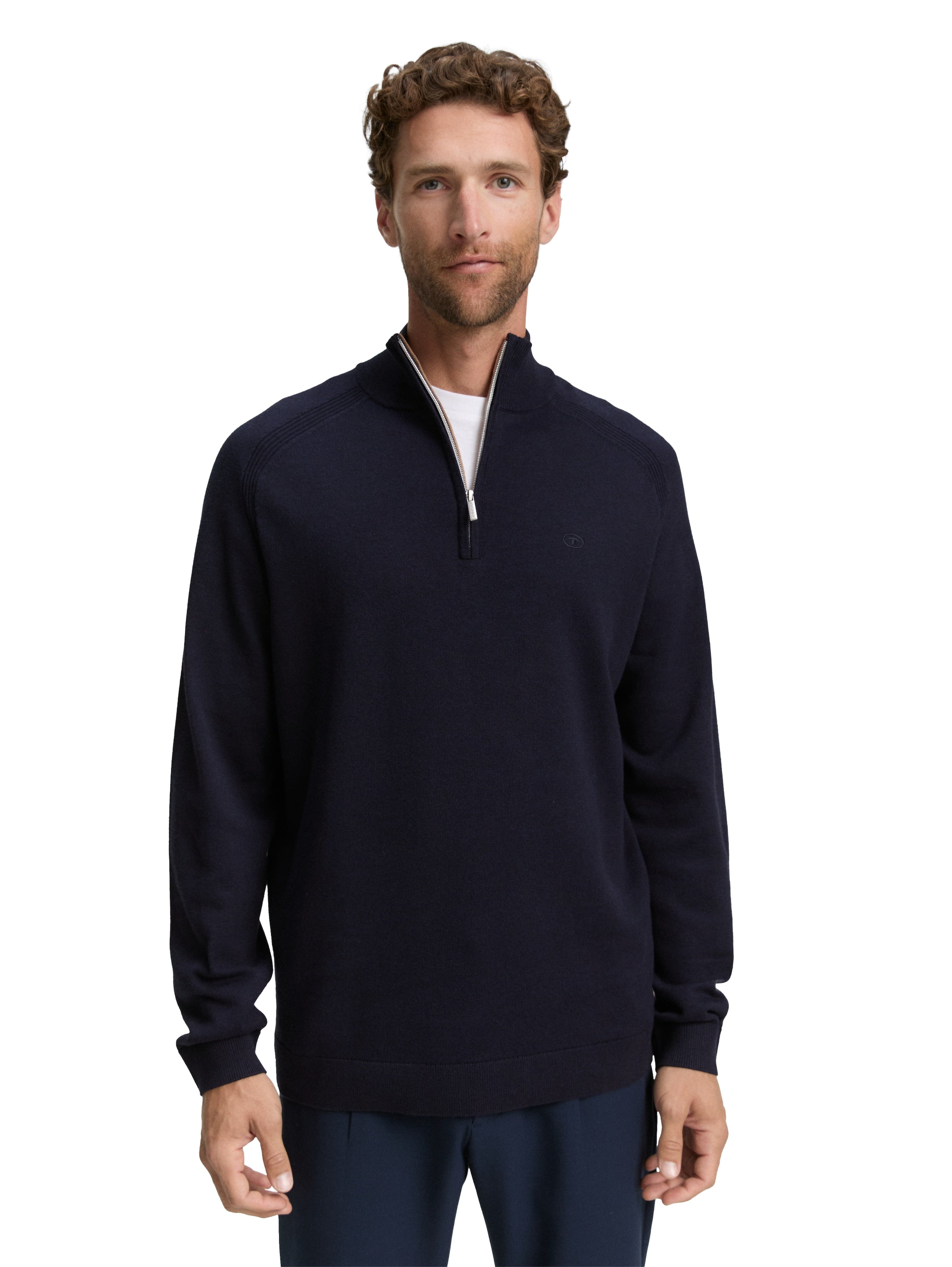 Tom Tailor Troyer Knitted Navy Pullover With Logo Embroidery