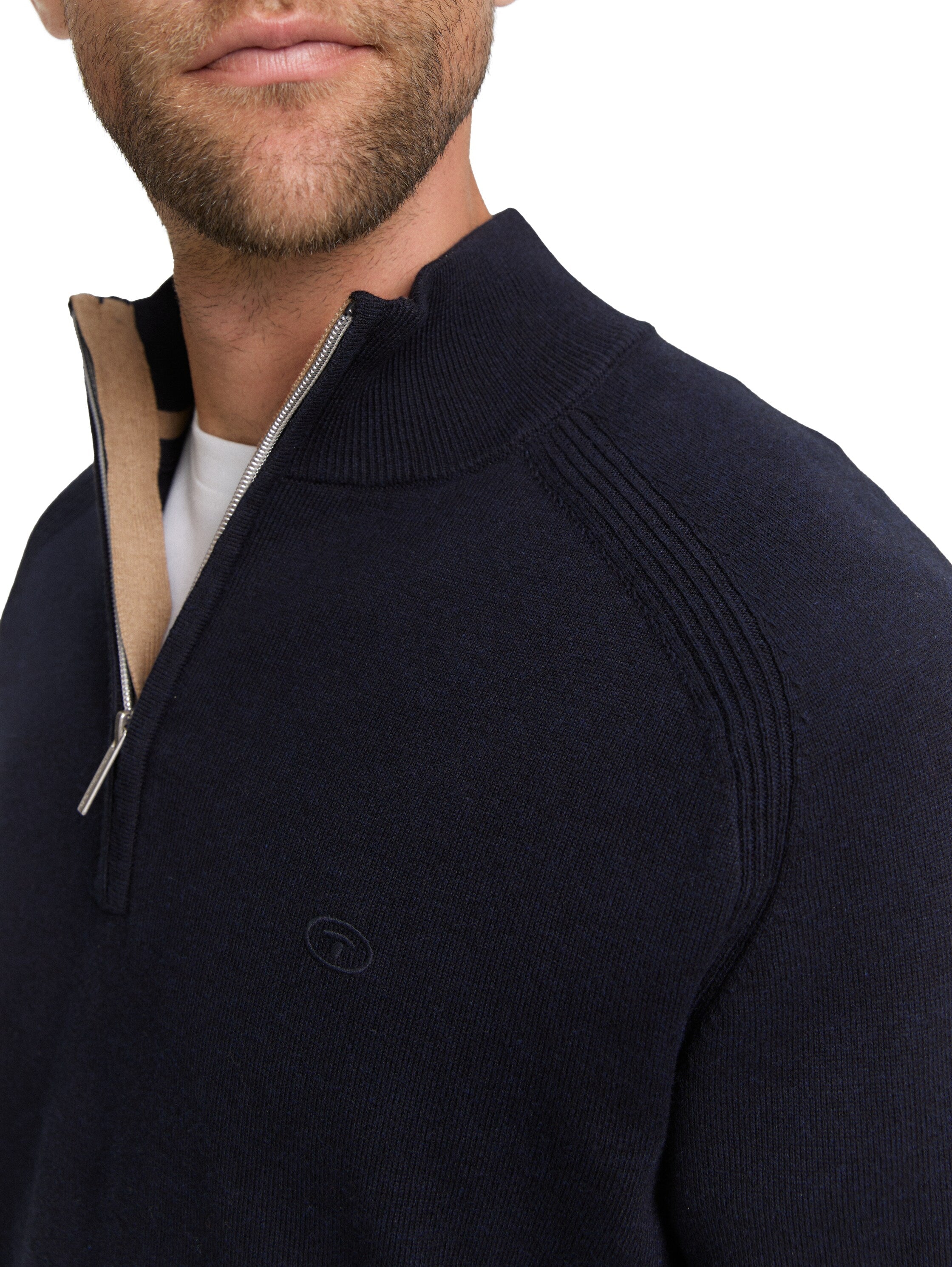 Tom Tailor Troyer Knitted Navy Pullover With Logo Embroidery