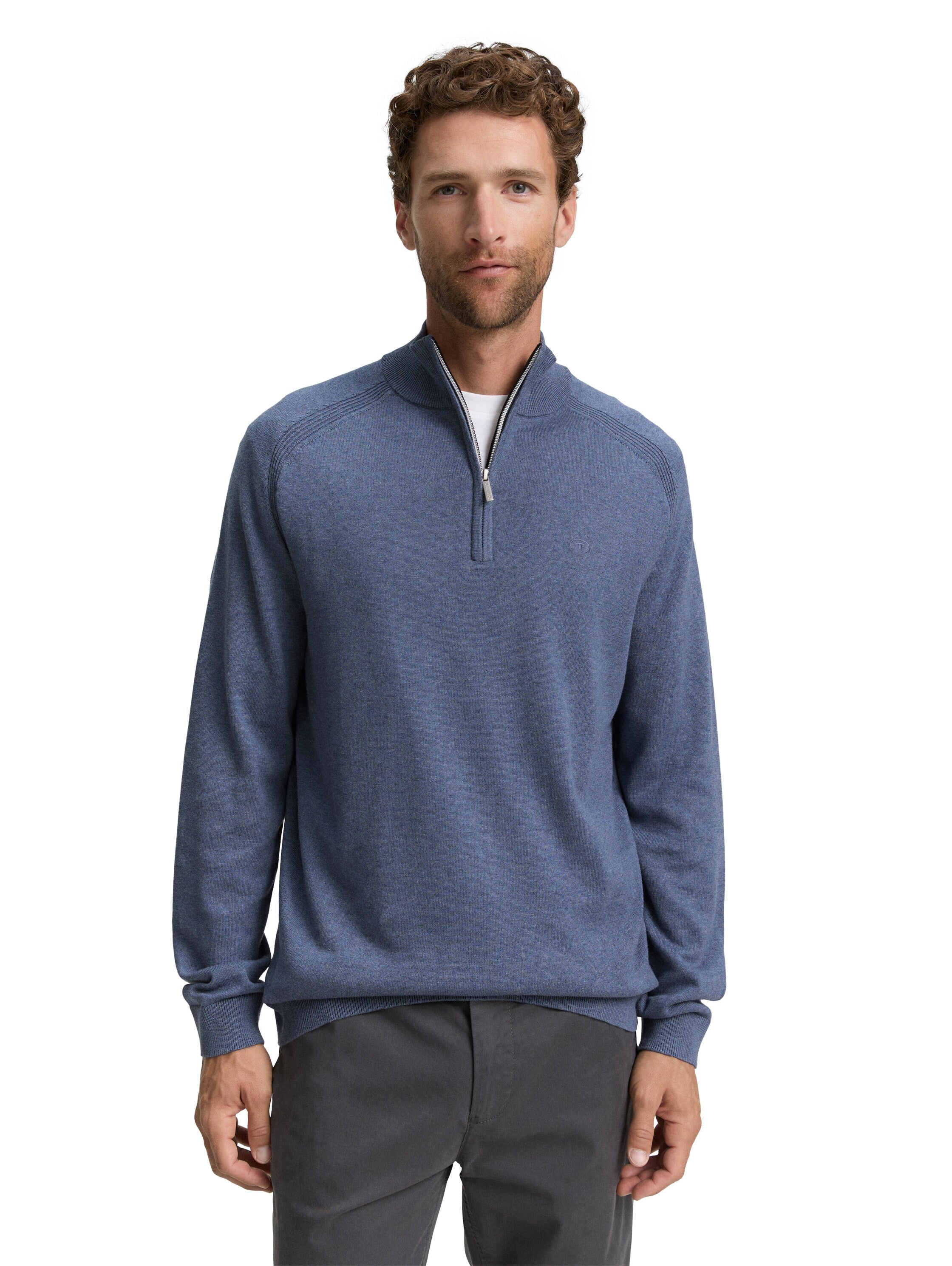 Tom Tailor Troyer Knitted Indigo Blue Pullover With Logo Embroidery