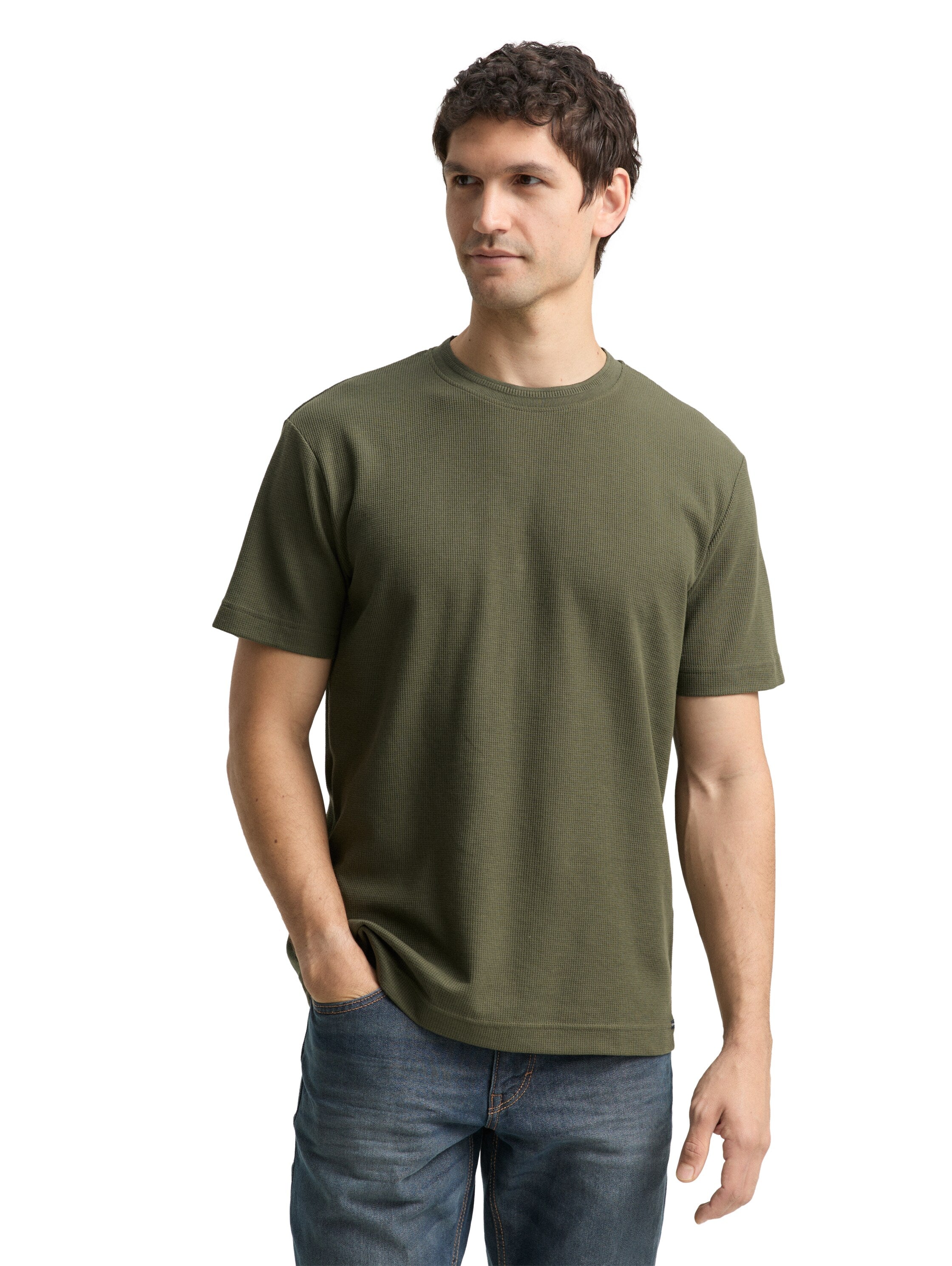 Tom Tailor Olive T-Shirt With Waffle Texture