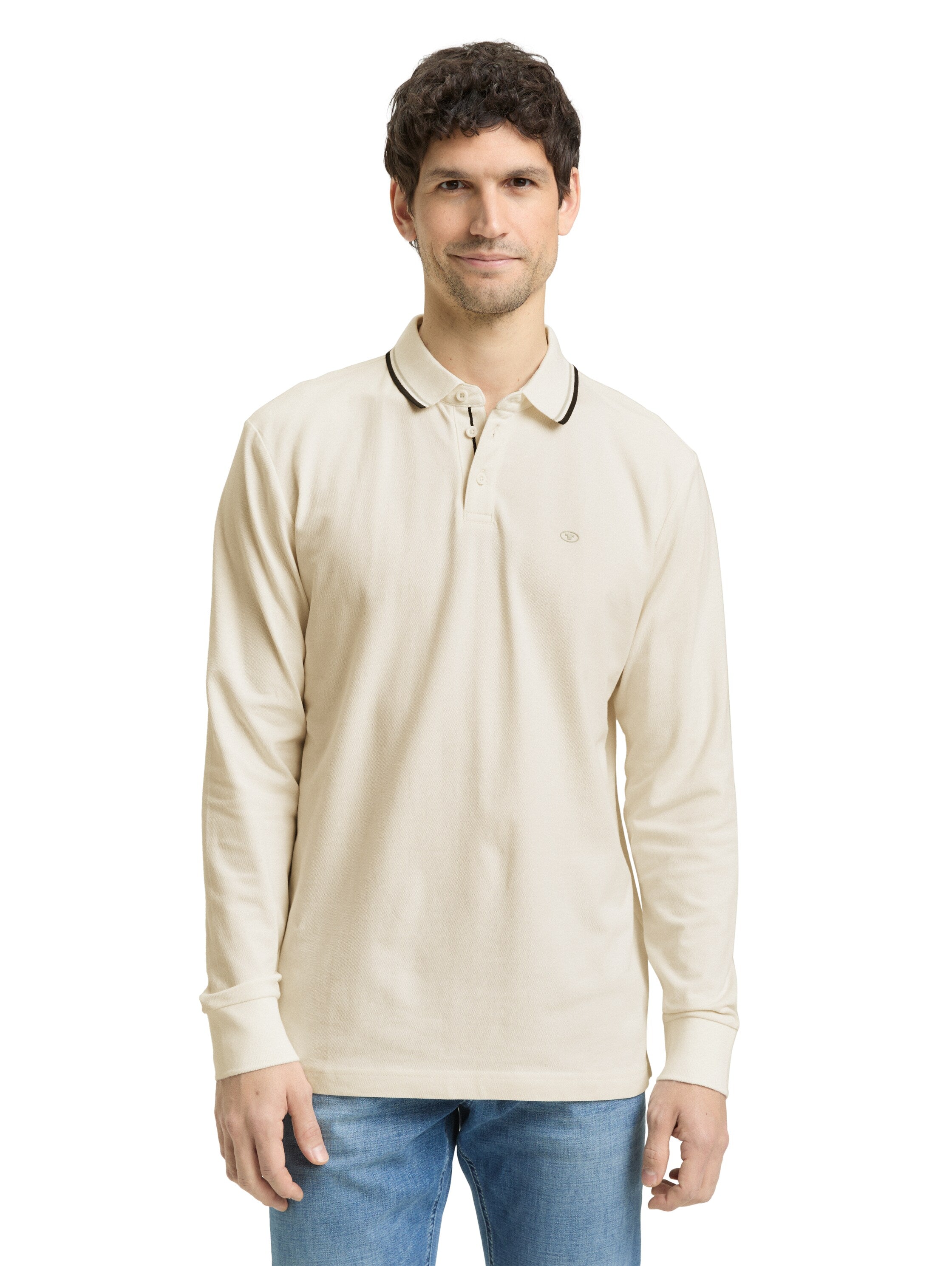 Tom Tailor Long Sleeved Beige Polo With Printed Logo