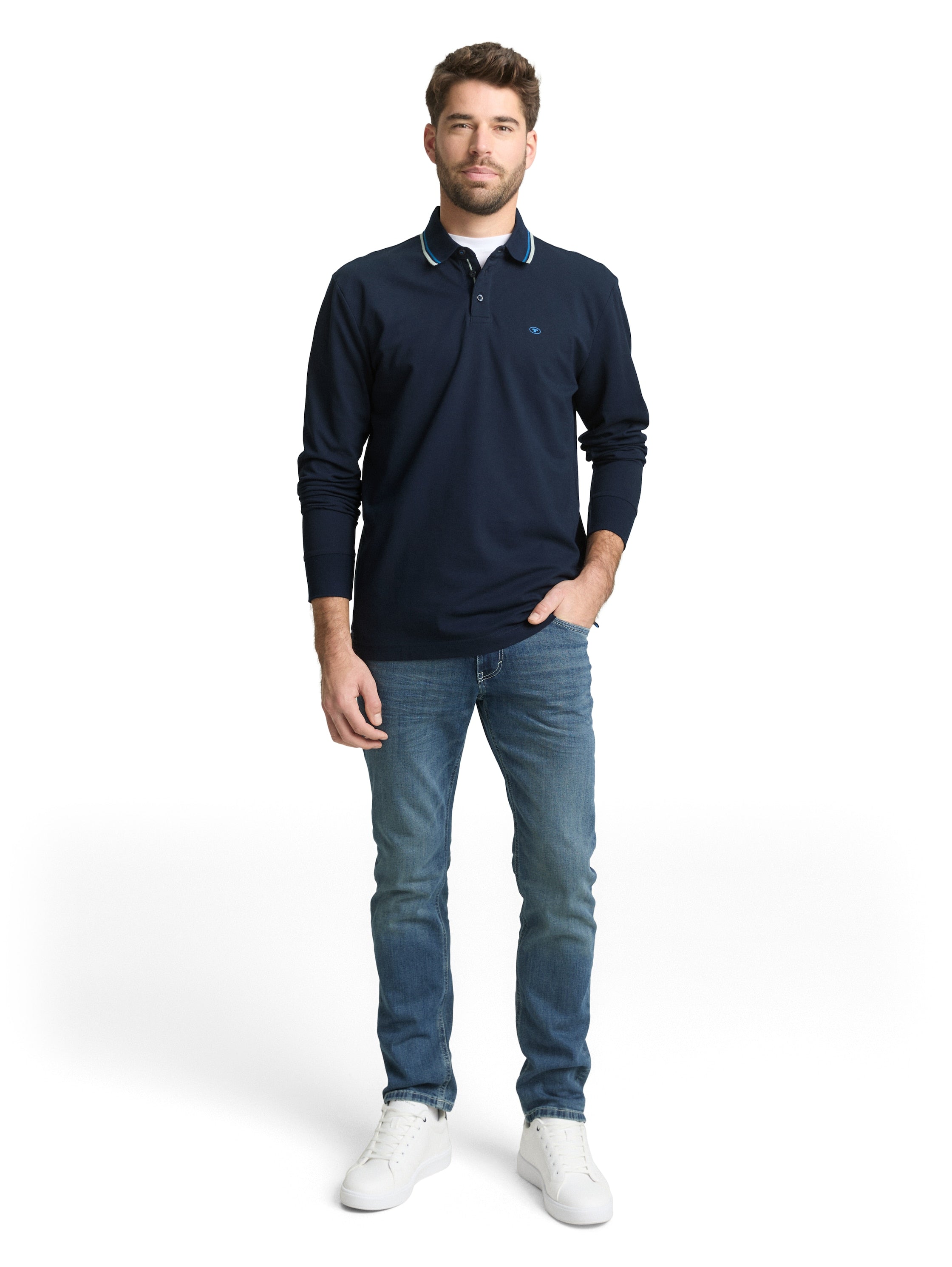 Tom Tailor Long Sleeved Navy Polo With Printed Logo