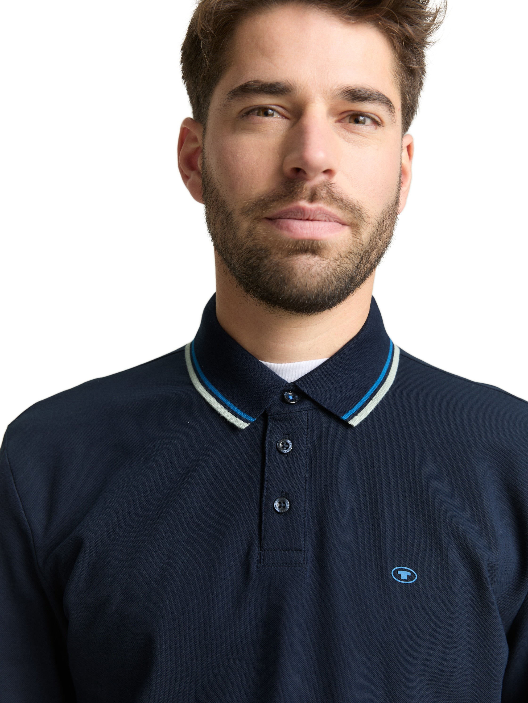 Tom Tailor Long Sleeved Navy Polo With Printed Logo