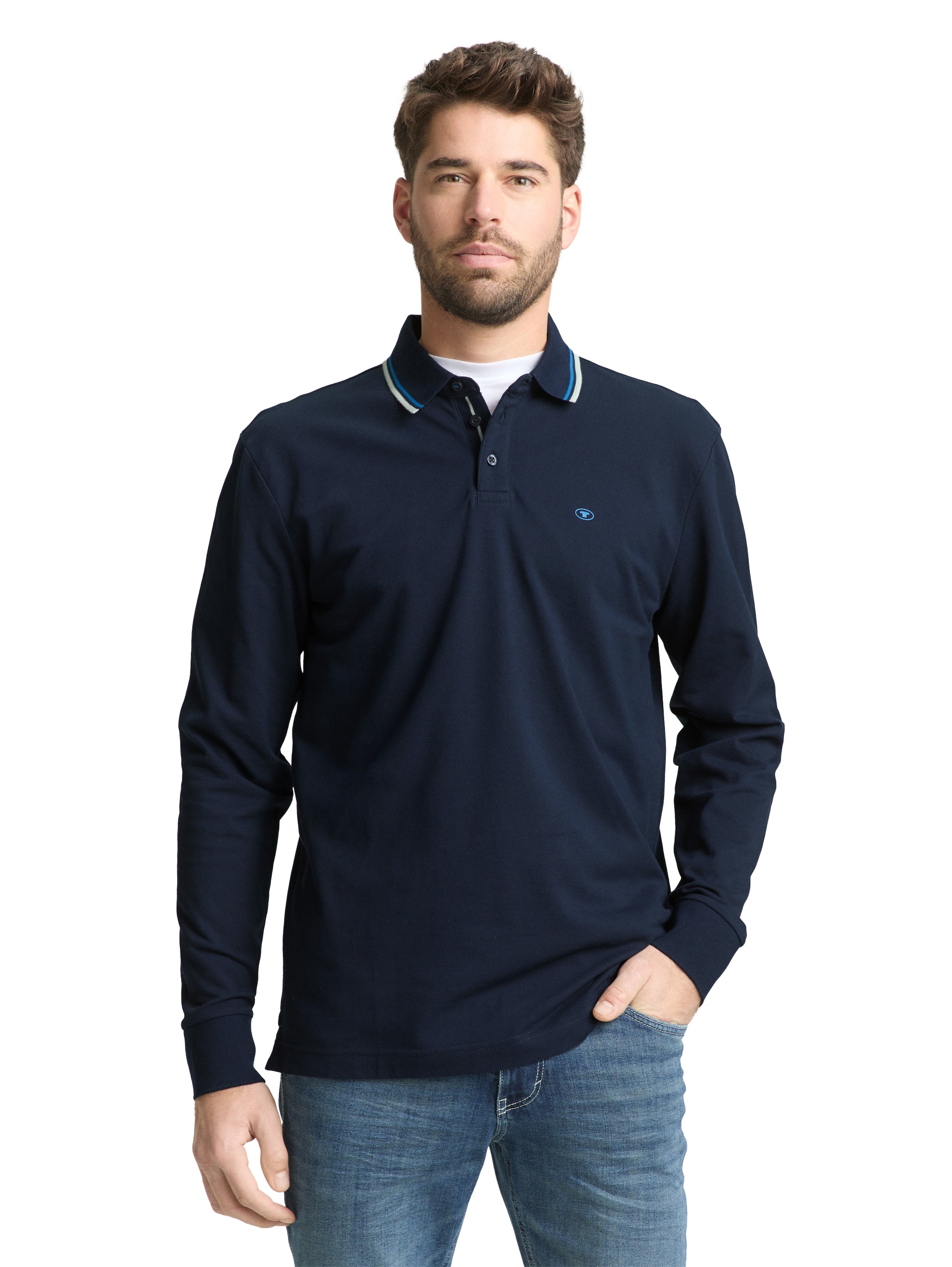 Tom Tailor Long Sleeved Navy Polo With Printed Logo