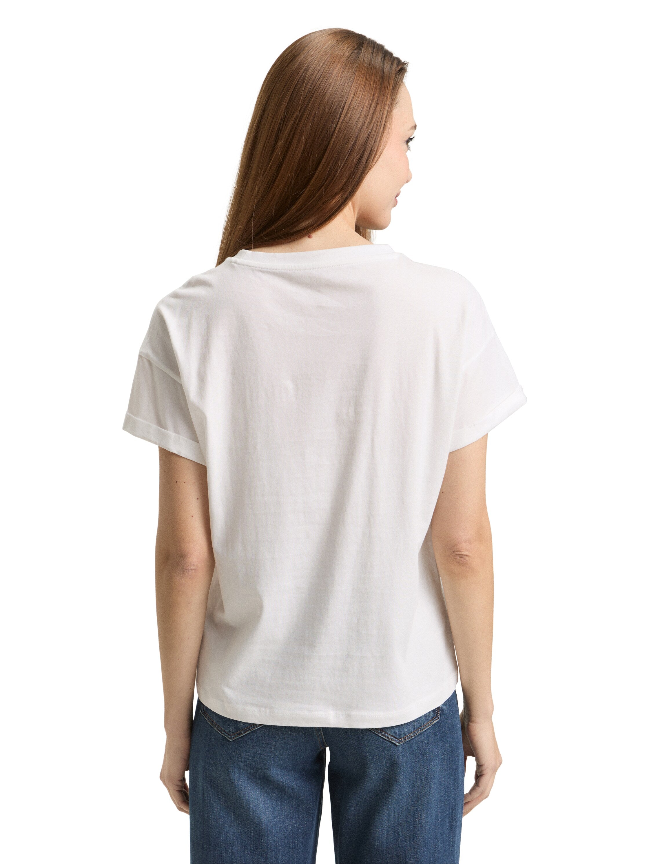 Tom Tailor White Round Neck T-Shirt With Small Embroidery On The Chest