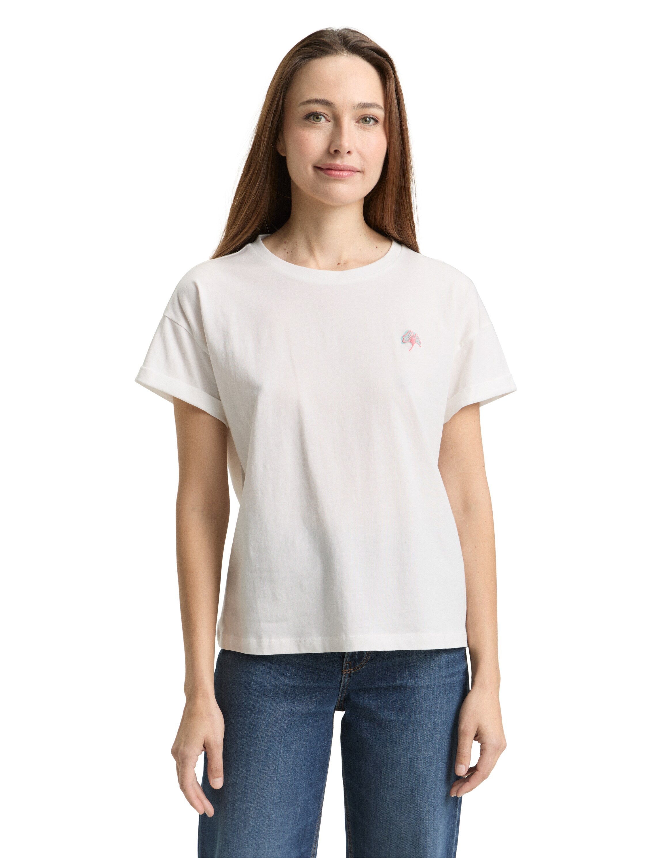 Tom Tailor White Round Neck T-Shirt With Small Embroidery On The Chest