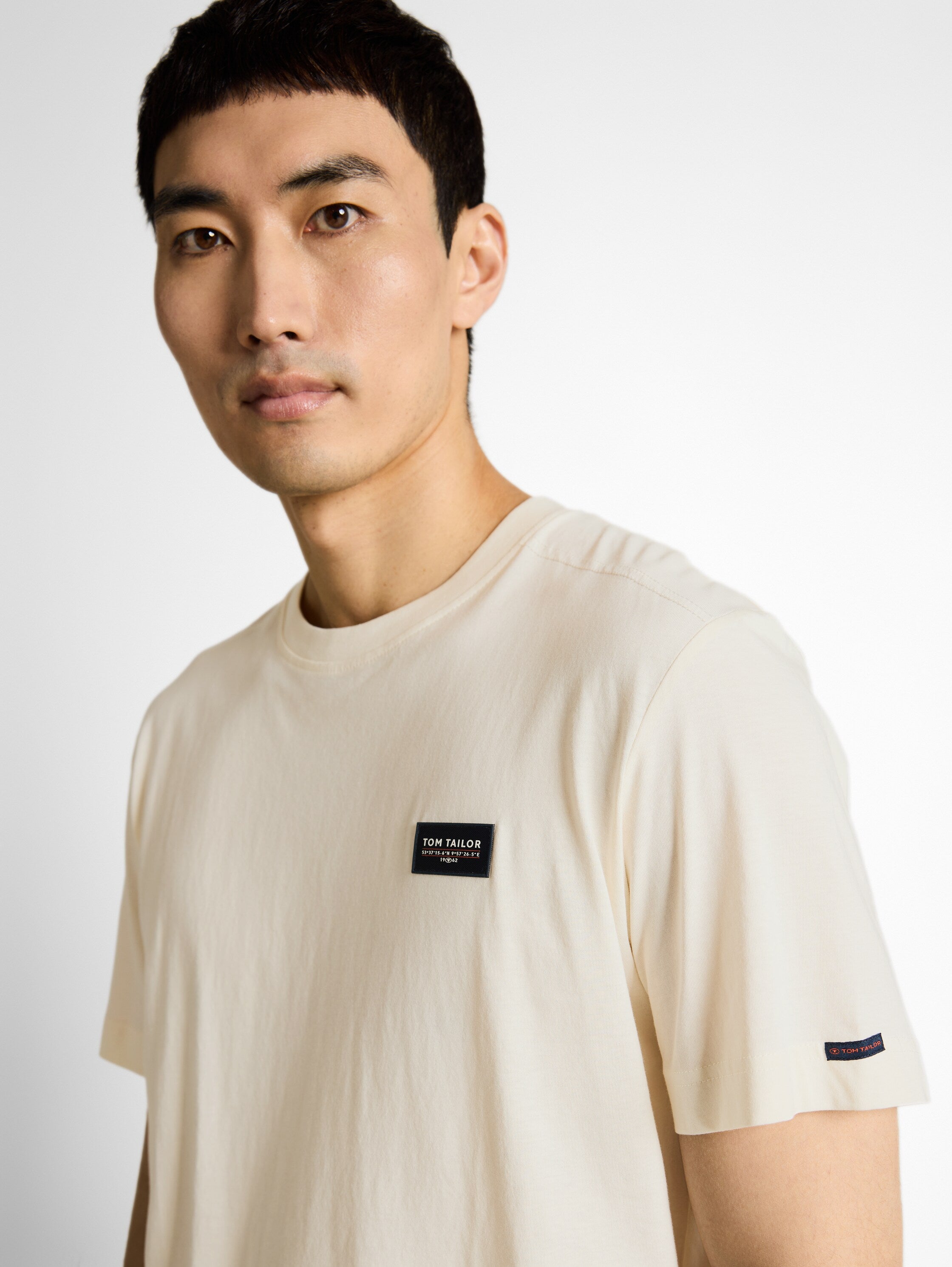 Tom Tailor Off White Cotton T-Shirt With Logo Badge