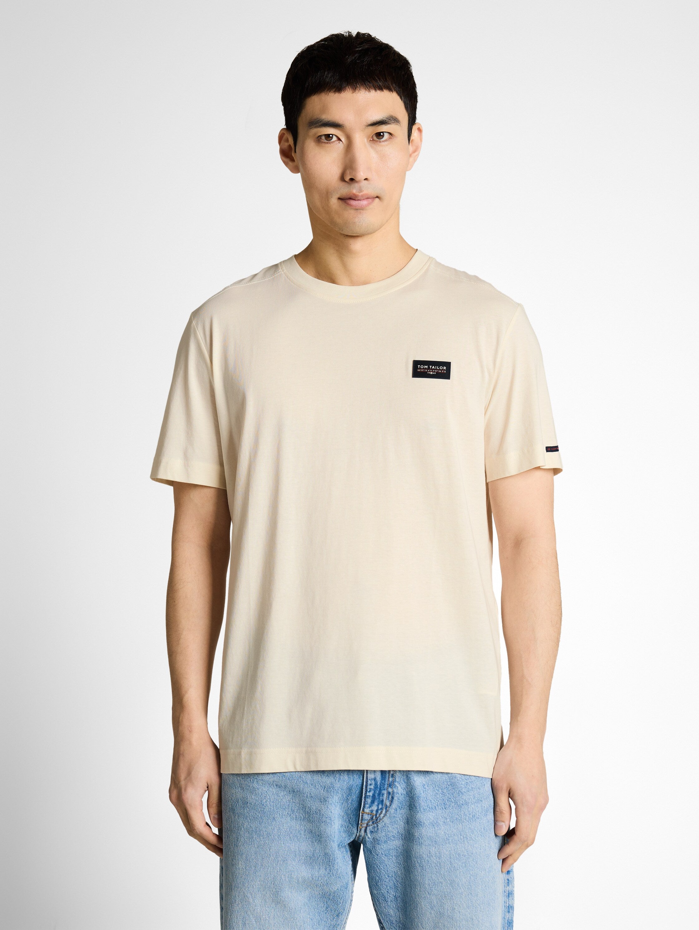 Tom Tailor Off White Cotton T-Shirt With Logo Badge