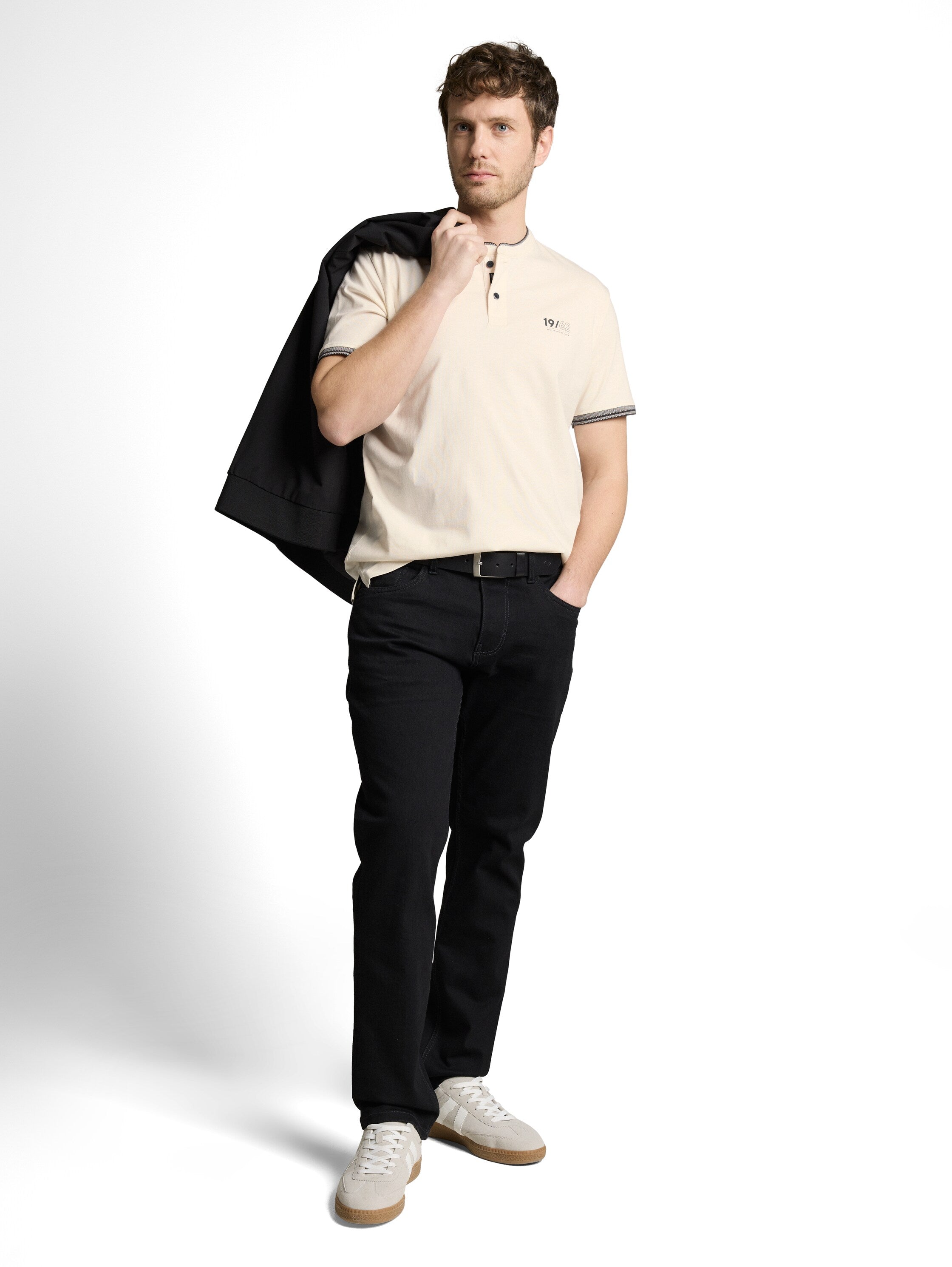Tom Tailor Off White Polo With Stand-Up Collar Logo Print On The Chest