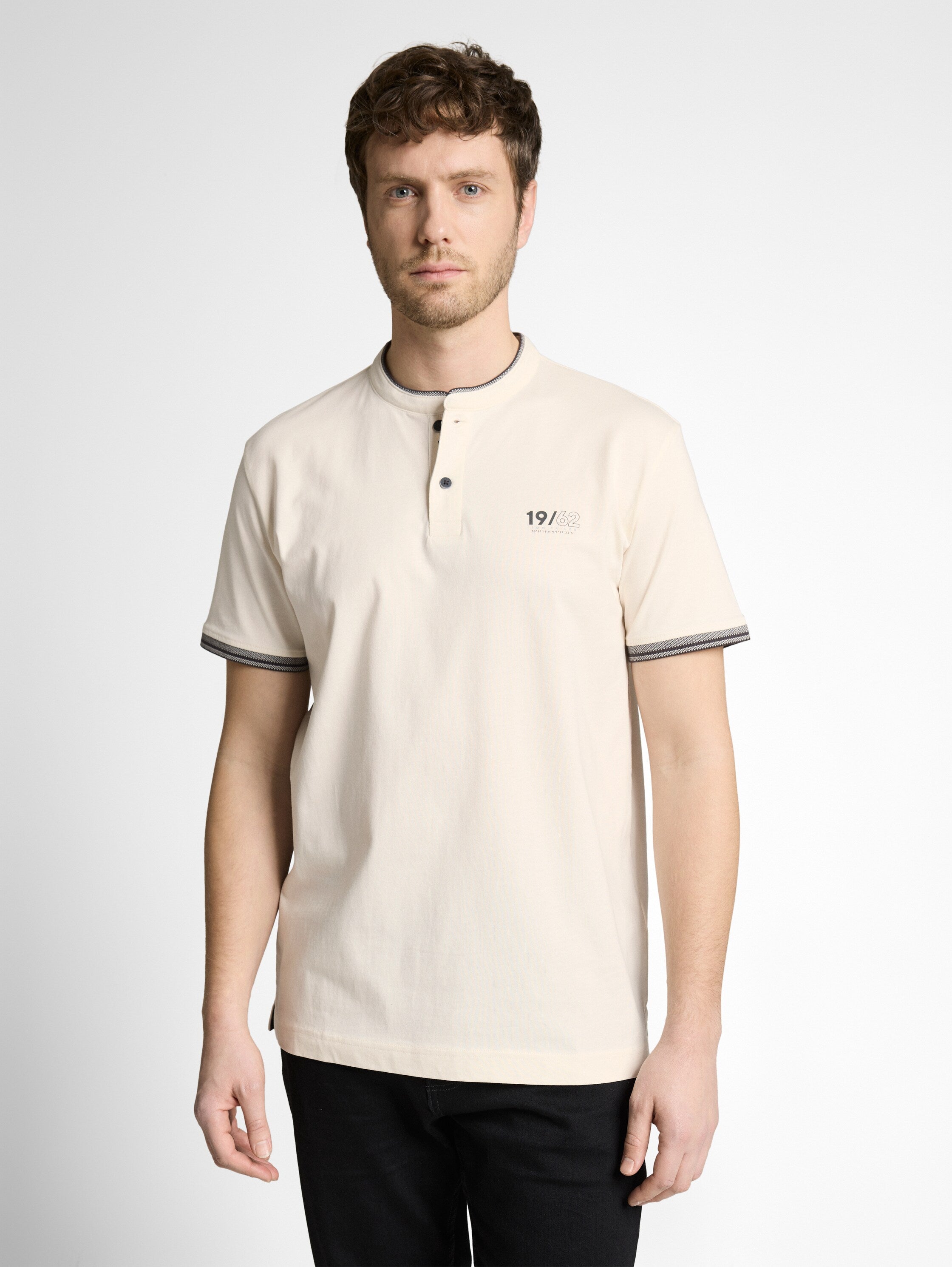 Tom Tailor Off White Polo With Stand-Up Collar Logo Print On The Chest