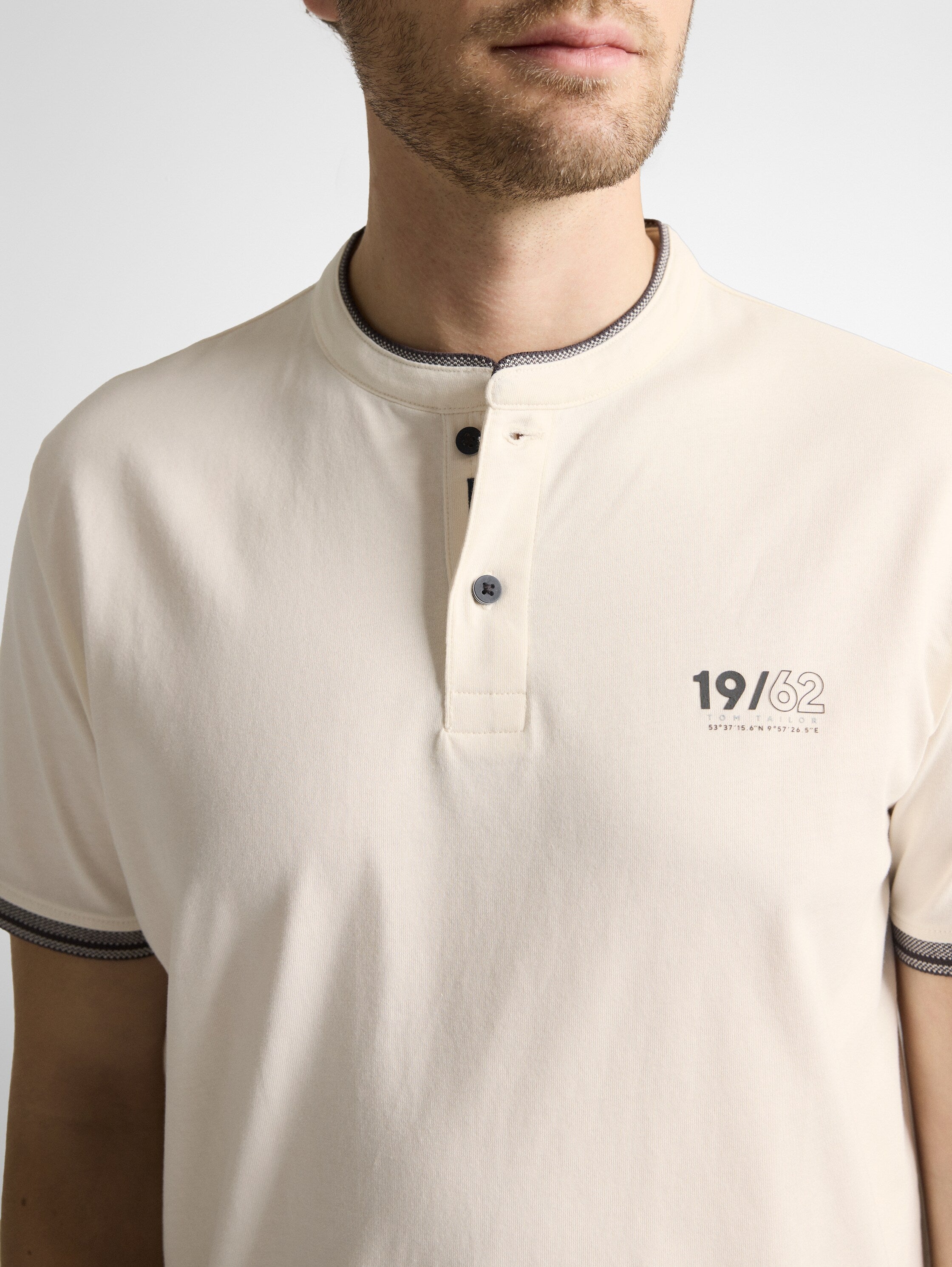 Tom Tailor Off White Polo With Stand-Up Collar Logo Print On The Chest