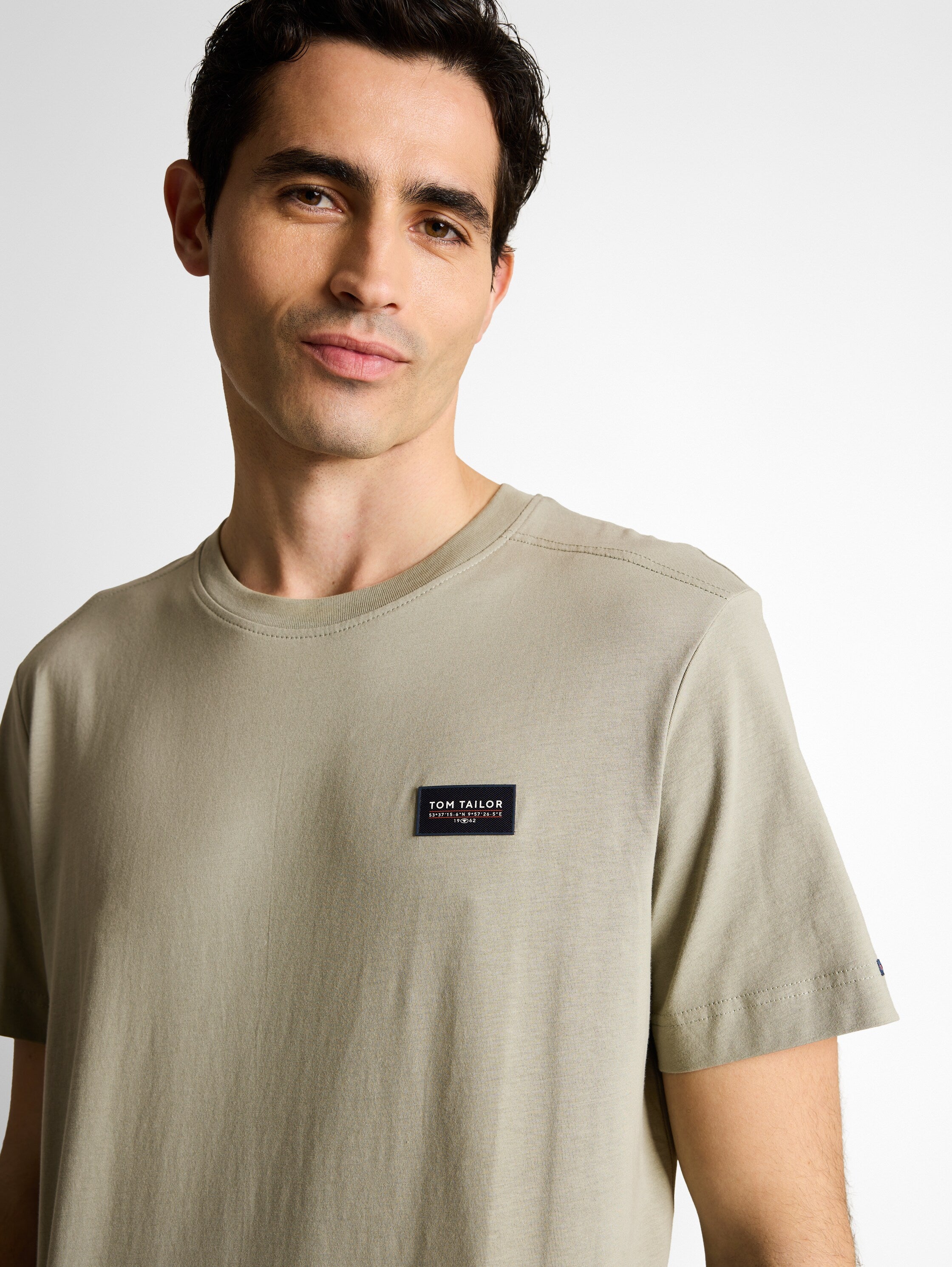 Tom Tailor Greyish Olive Cotton T-Shirt With Logo Badge