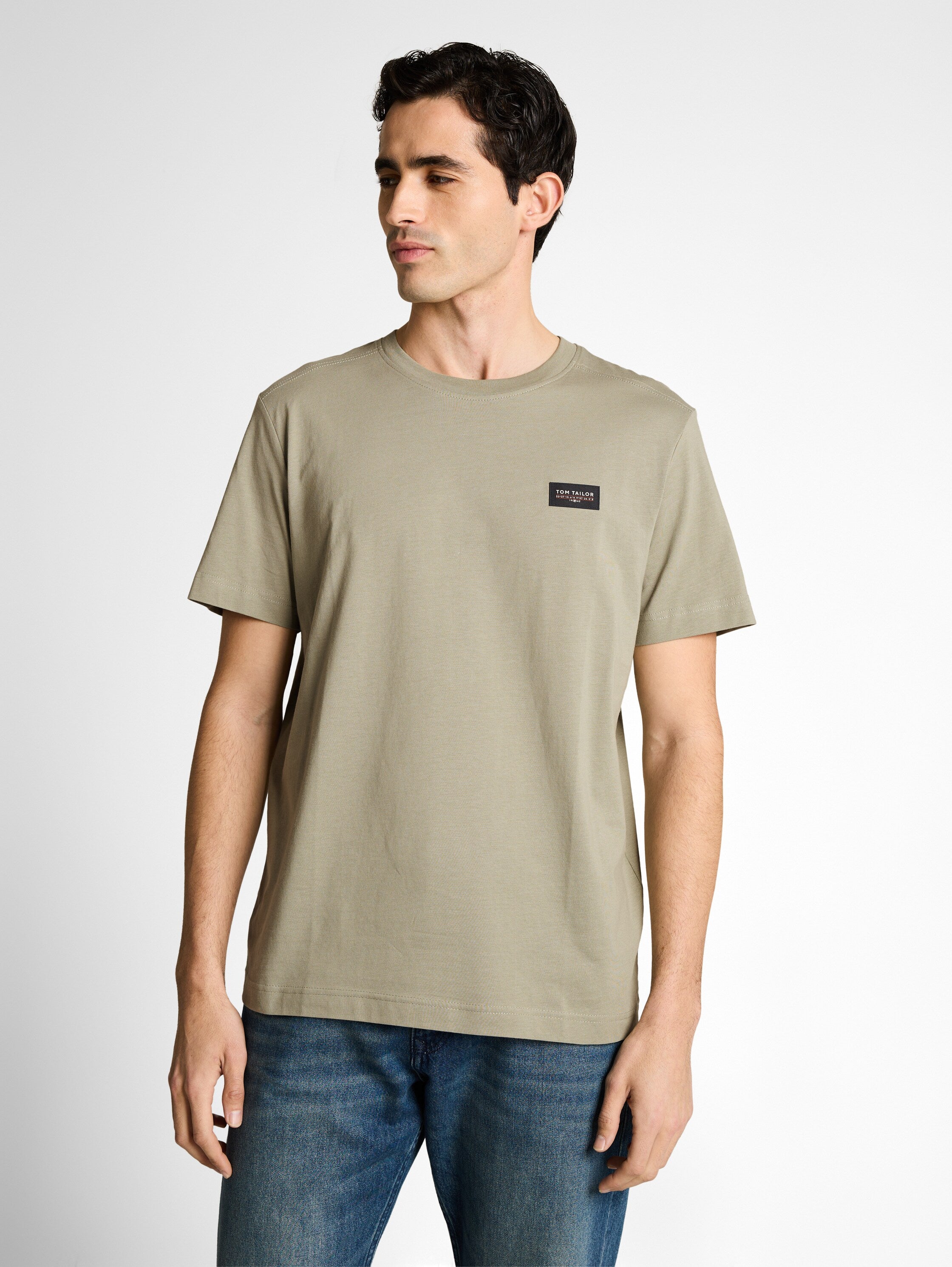 Tom Tailor Greyish Olive Cotton T-Shirt With Logo Badge