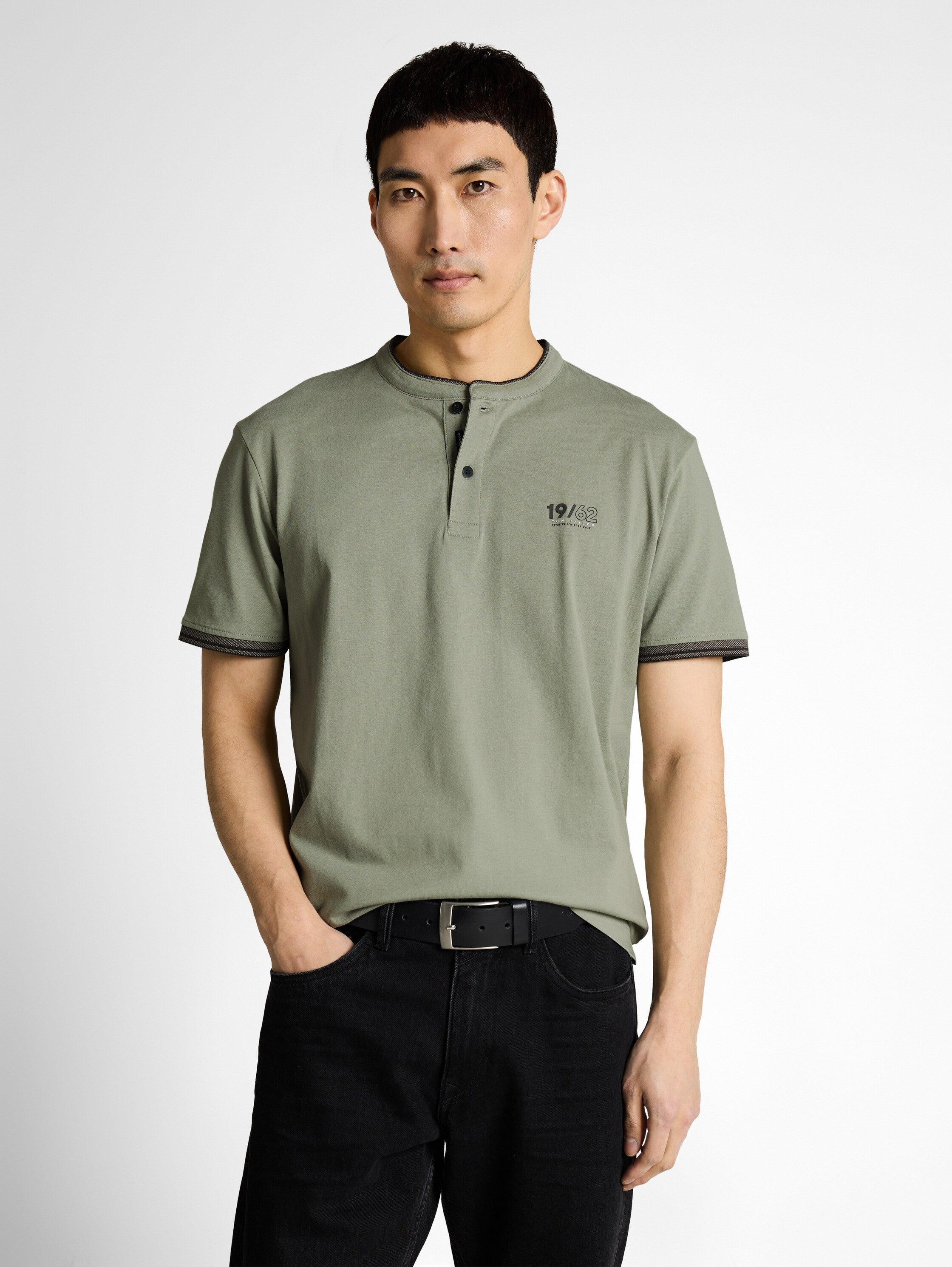 Tom Tailor Olive Polo With Stand-Up Collar Logo Print On The Chest