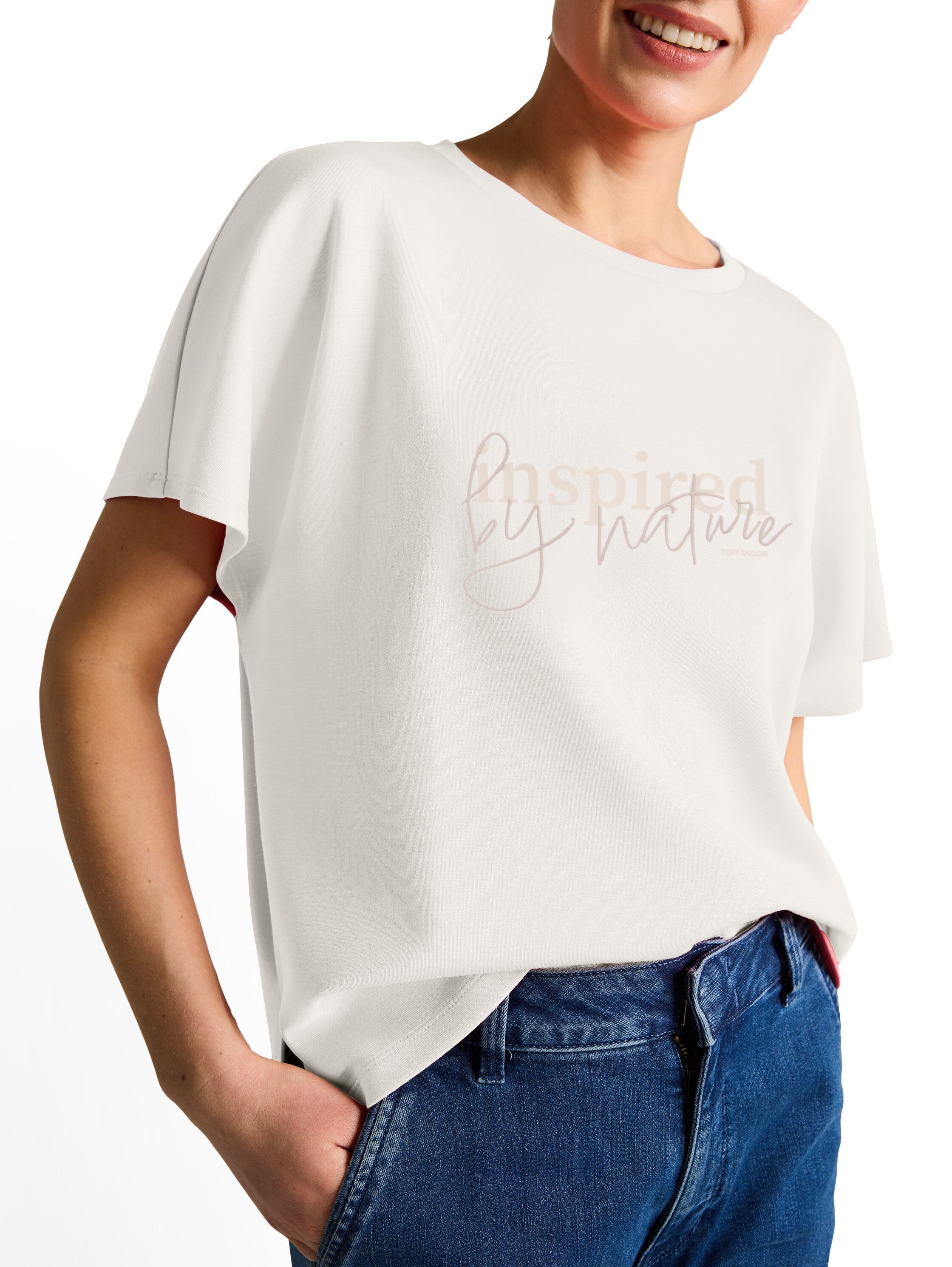 Tom Tailor Off White Loose-Fit Scuba T-shirt With Print