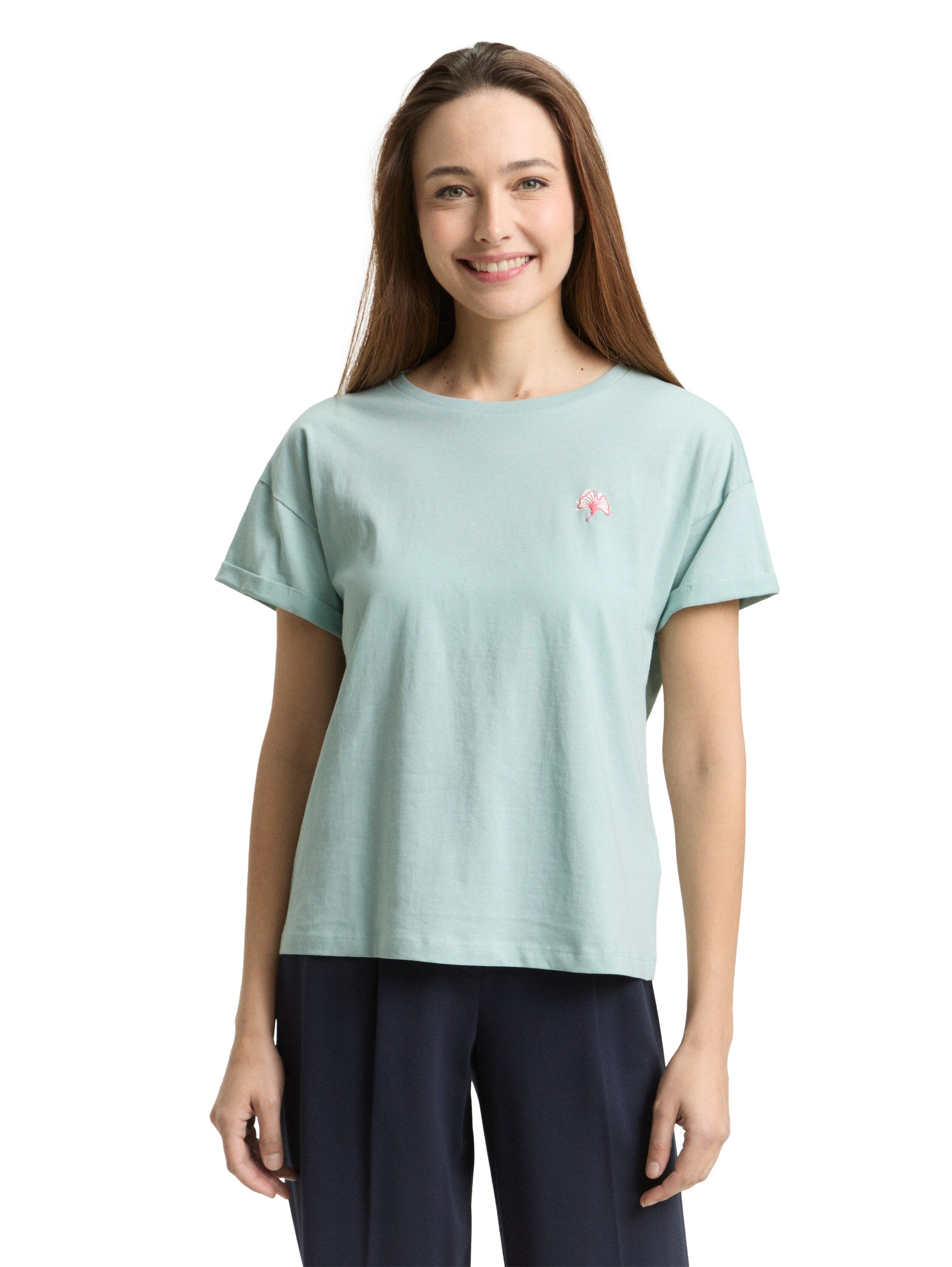 Tom Tailor Blue Round Neck T-Shirt With Small Embroidery On The Chest