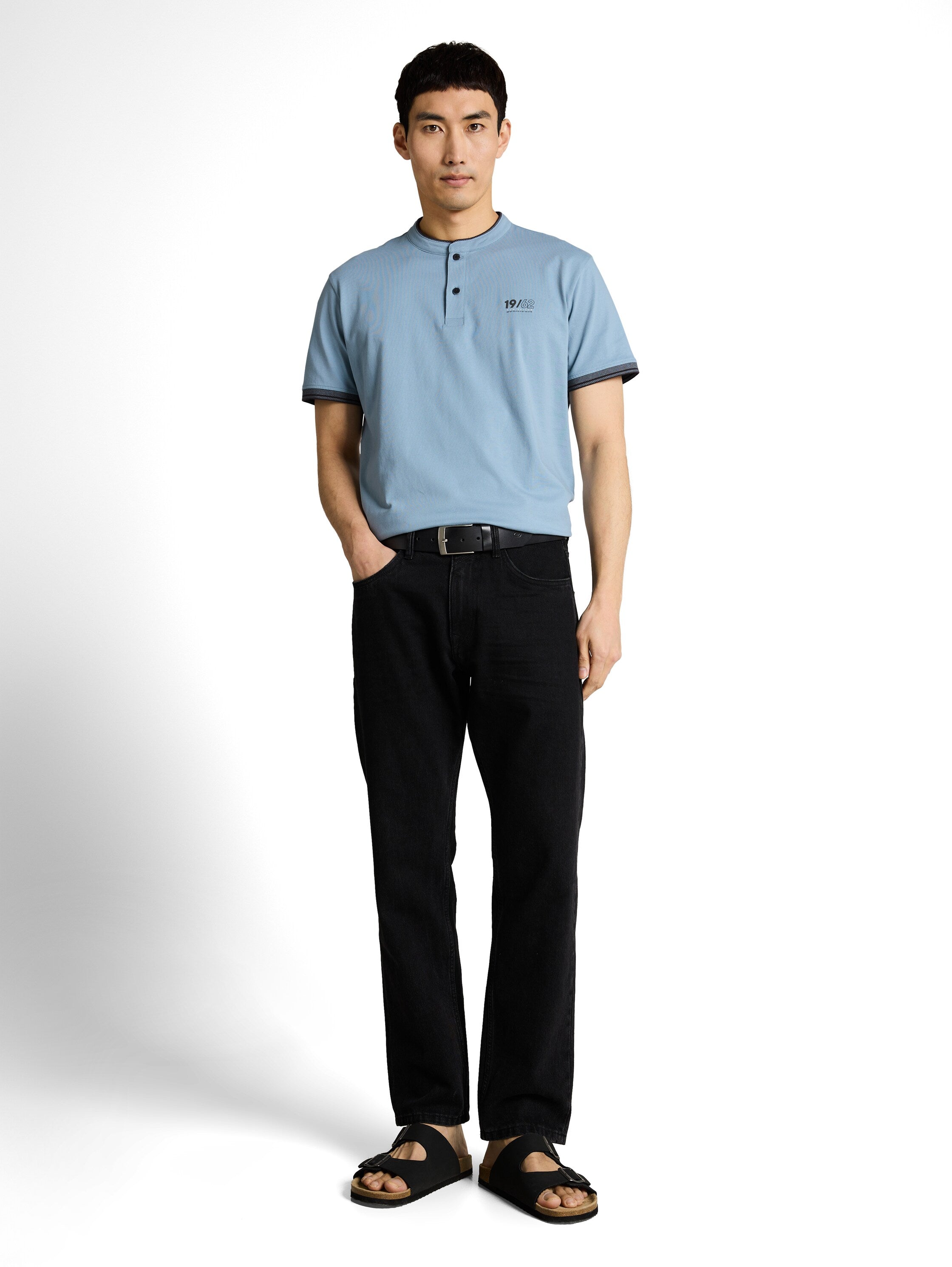 Tom Tailor Blue Polo With Stand-Up Collar Logo Print On The Chest