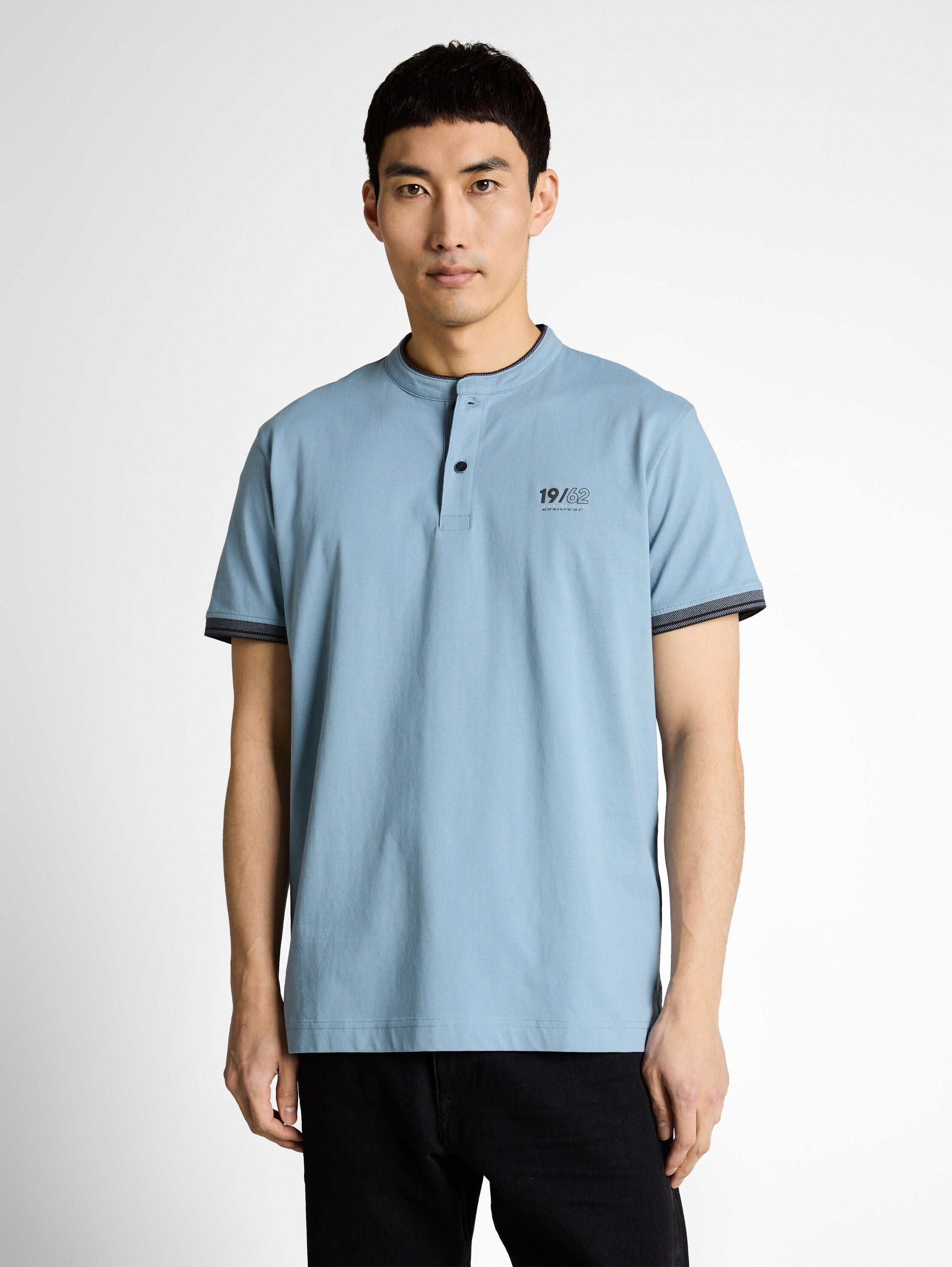 Tom Tailor Blue Polo With Stand-Up Collar Logo Print On The Chest