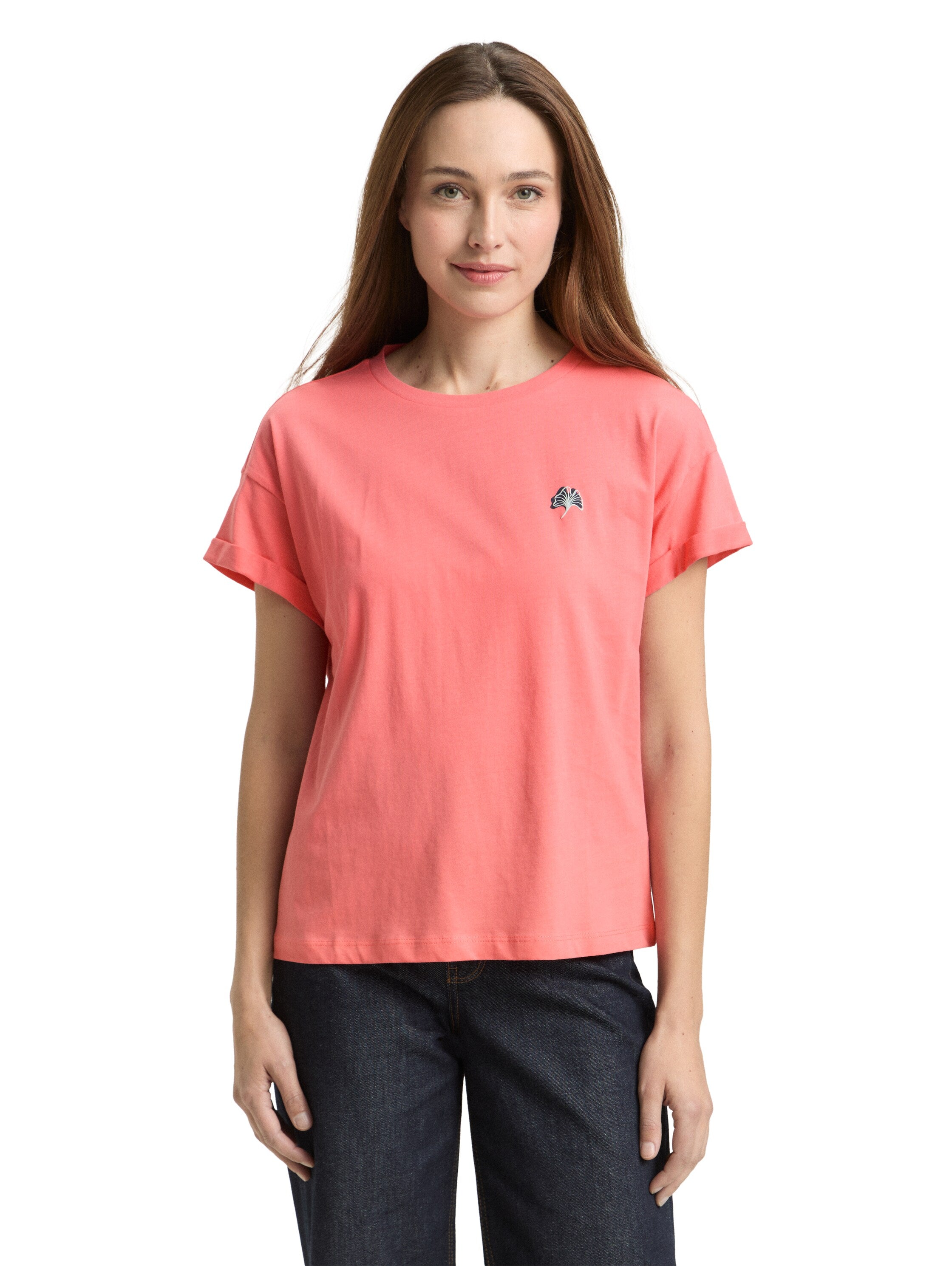 Tom Tailor Coral Round Neck T-Shirt With Small Embroidery On The Chest