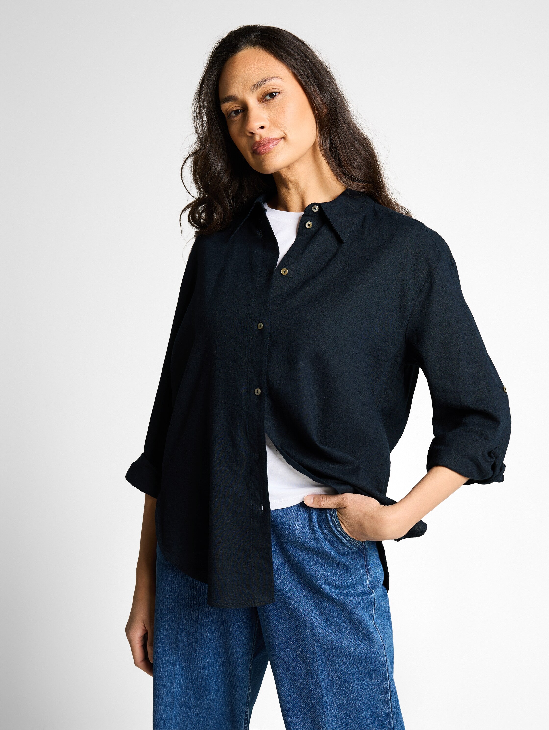 Tom Tailor Navy Oversized Shirt With Linen Blend
