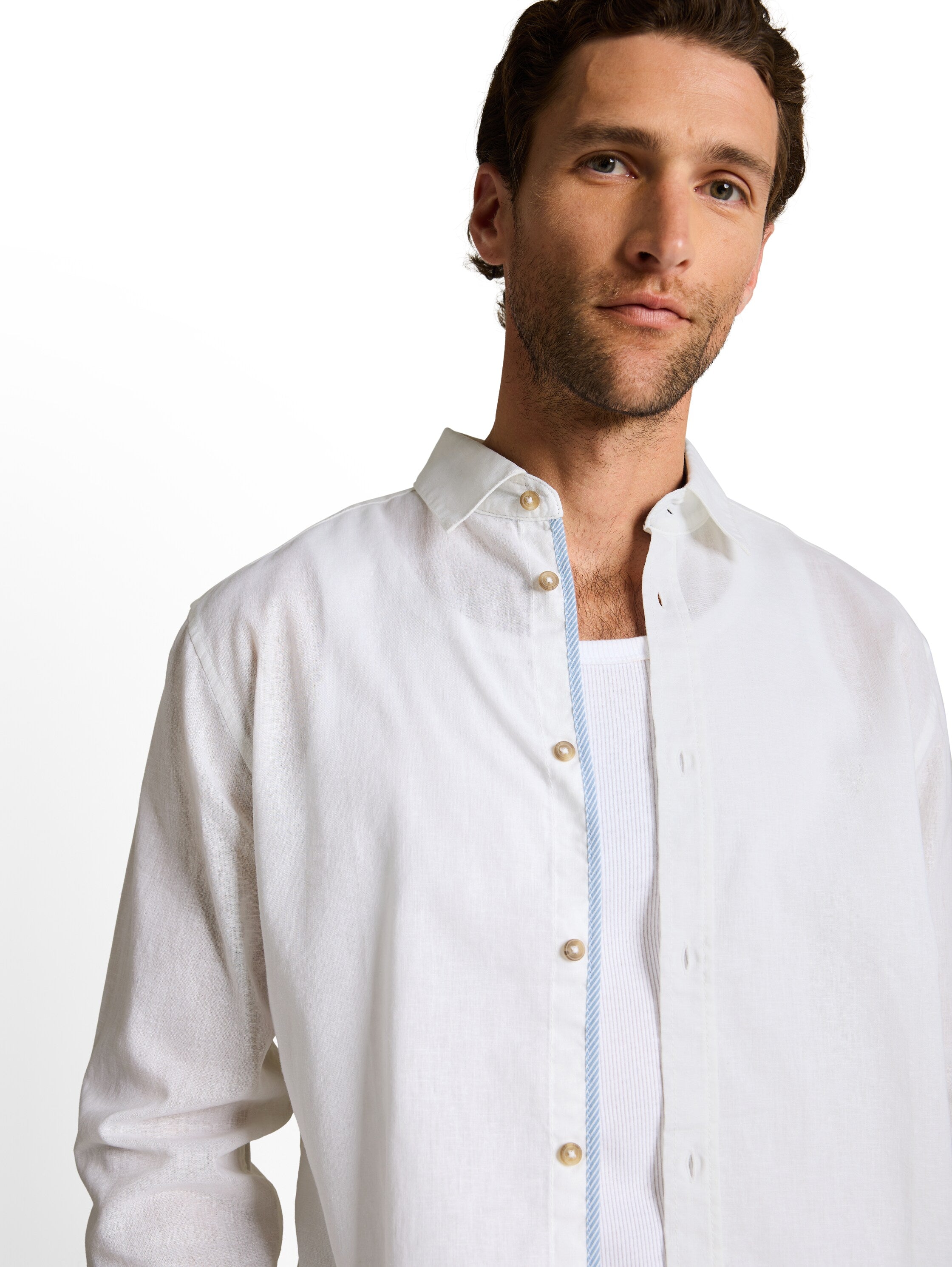Tom Tailor White Long Sleeved Regular Fit Shirt With Linen Blend