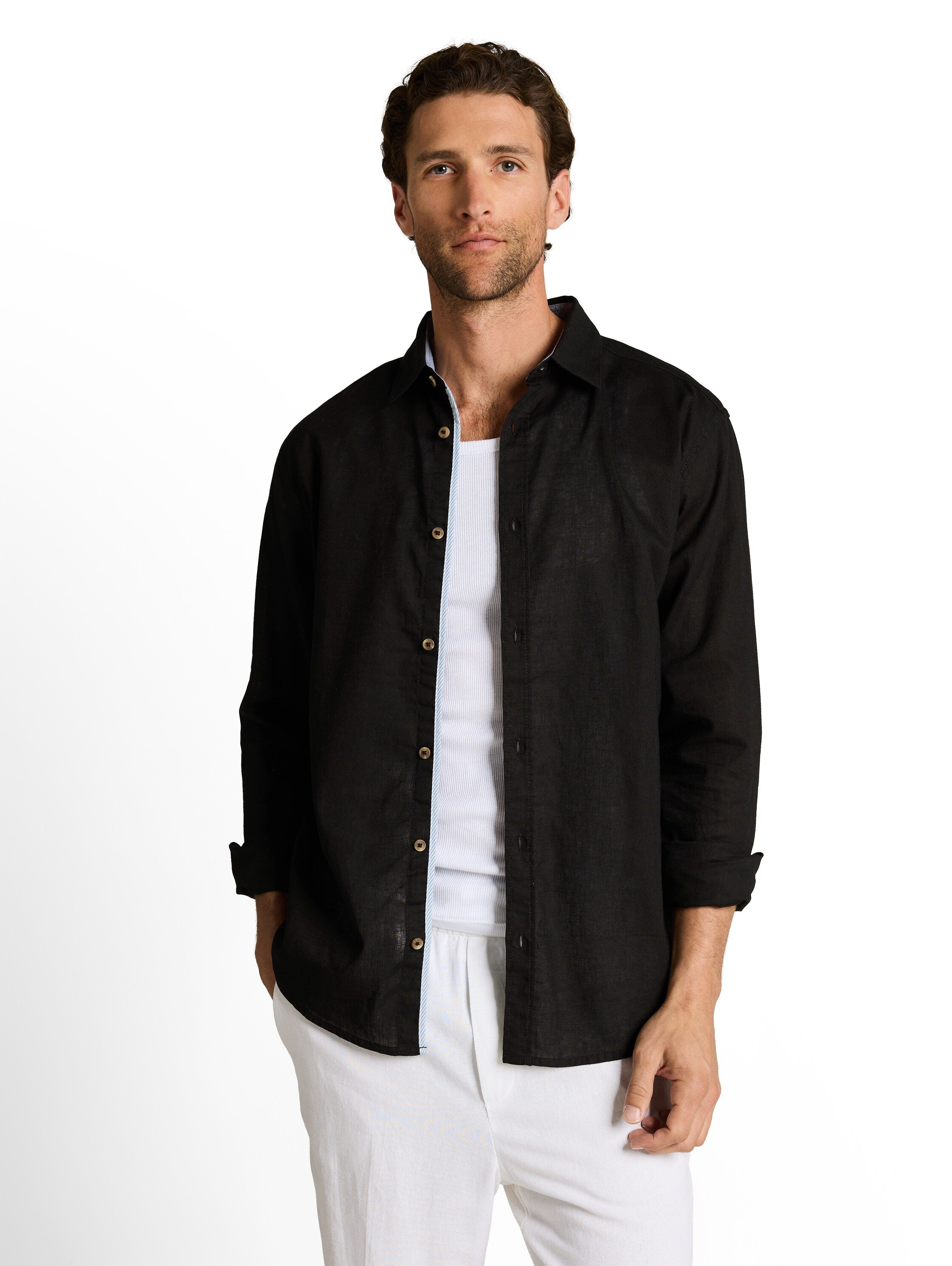 Tom Tailor Black Long Sleeved Regular Fit Shirt With Linen Blend