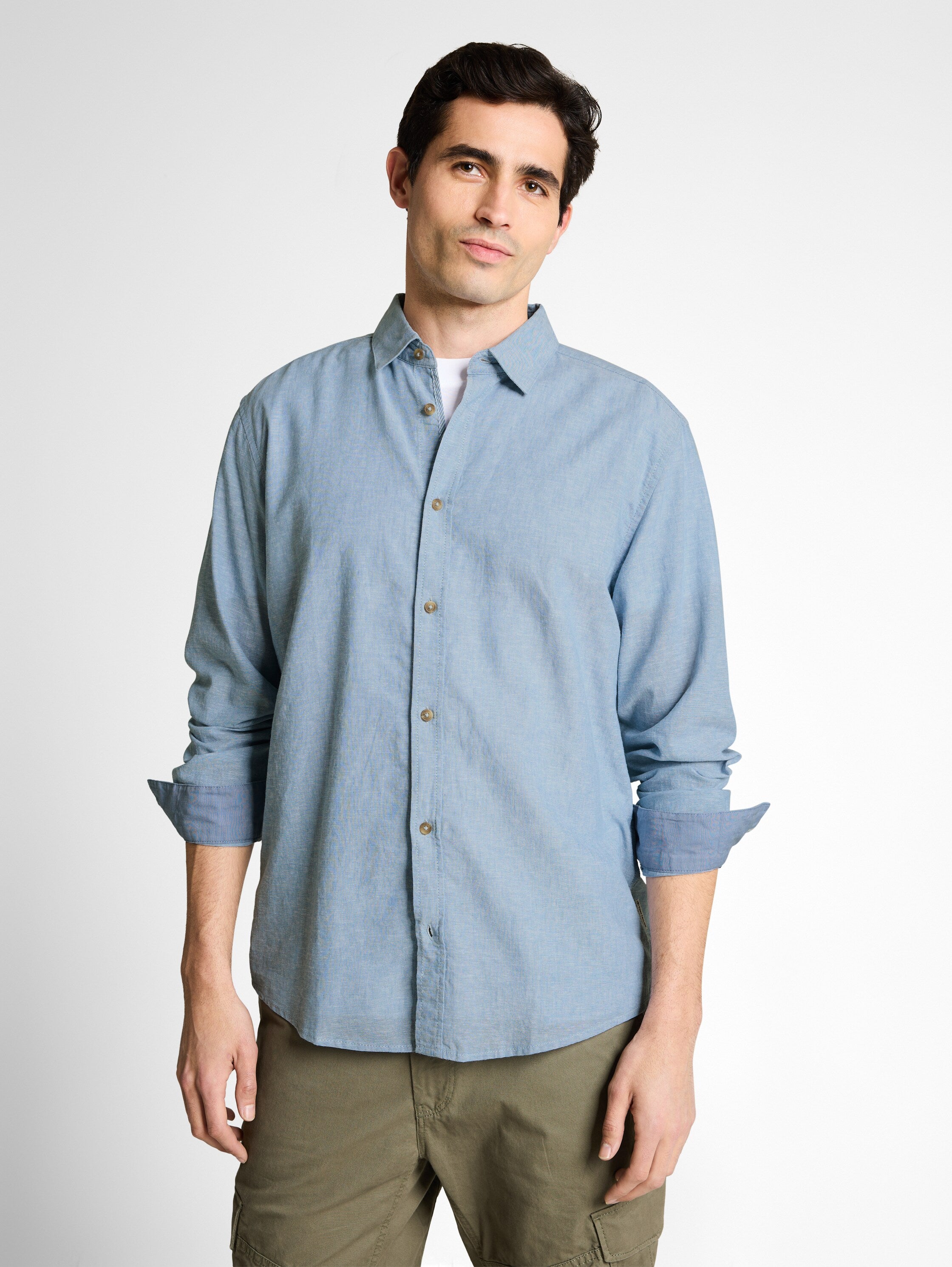 Tom Tailor Blue Long Sleeved Regular Fit Shirt With Linen Blend