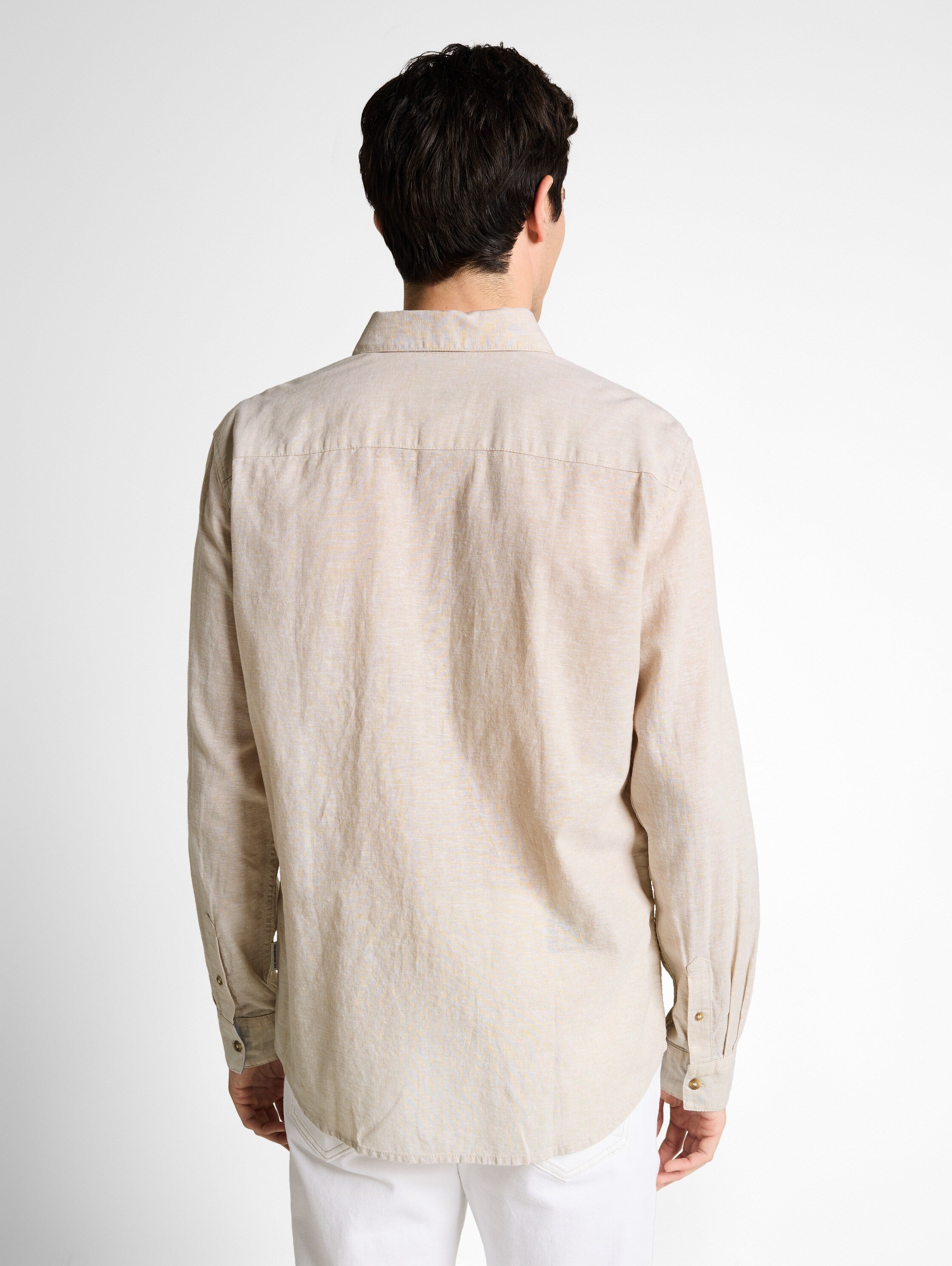 Tom Tailor Beige Long Sleeved Regular Fit Shirt With Linen Blend
