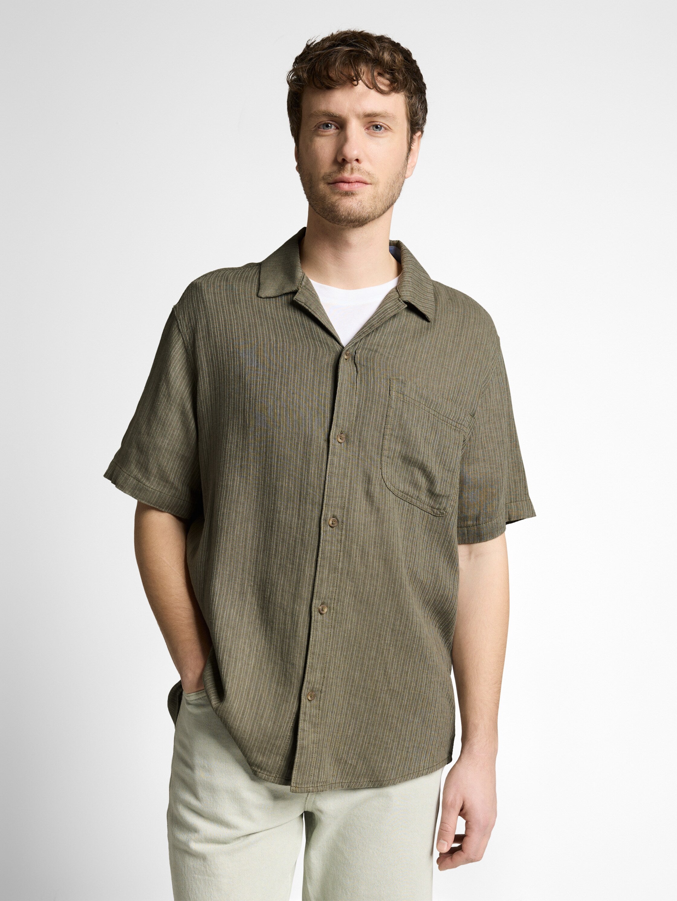 Tom Tailor Short Sleeved Olive Linen Shirt