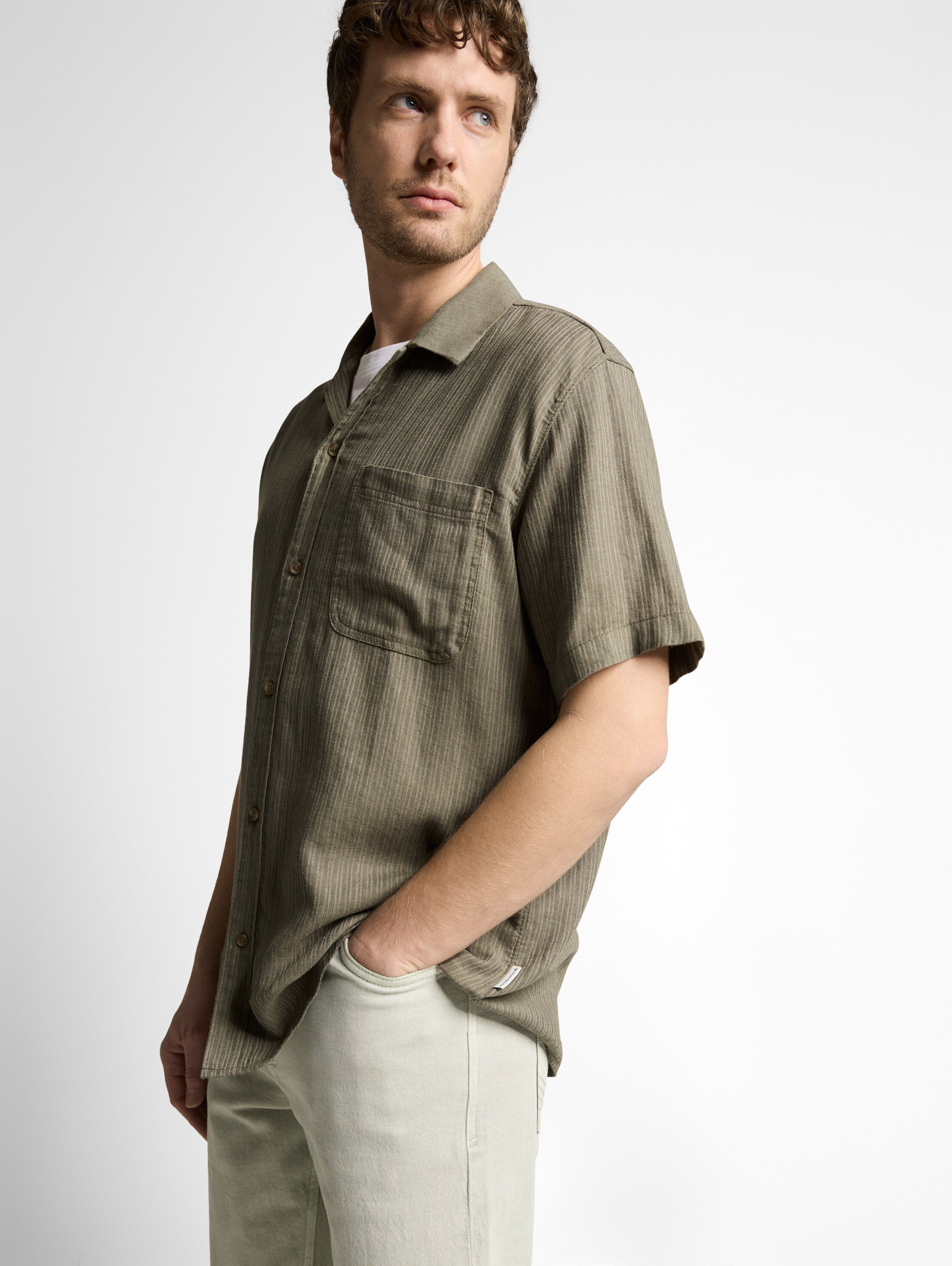 Tom Tailor Short Sleeved Olive Linen Shirt