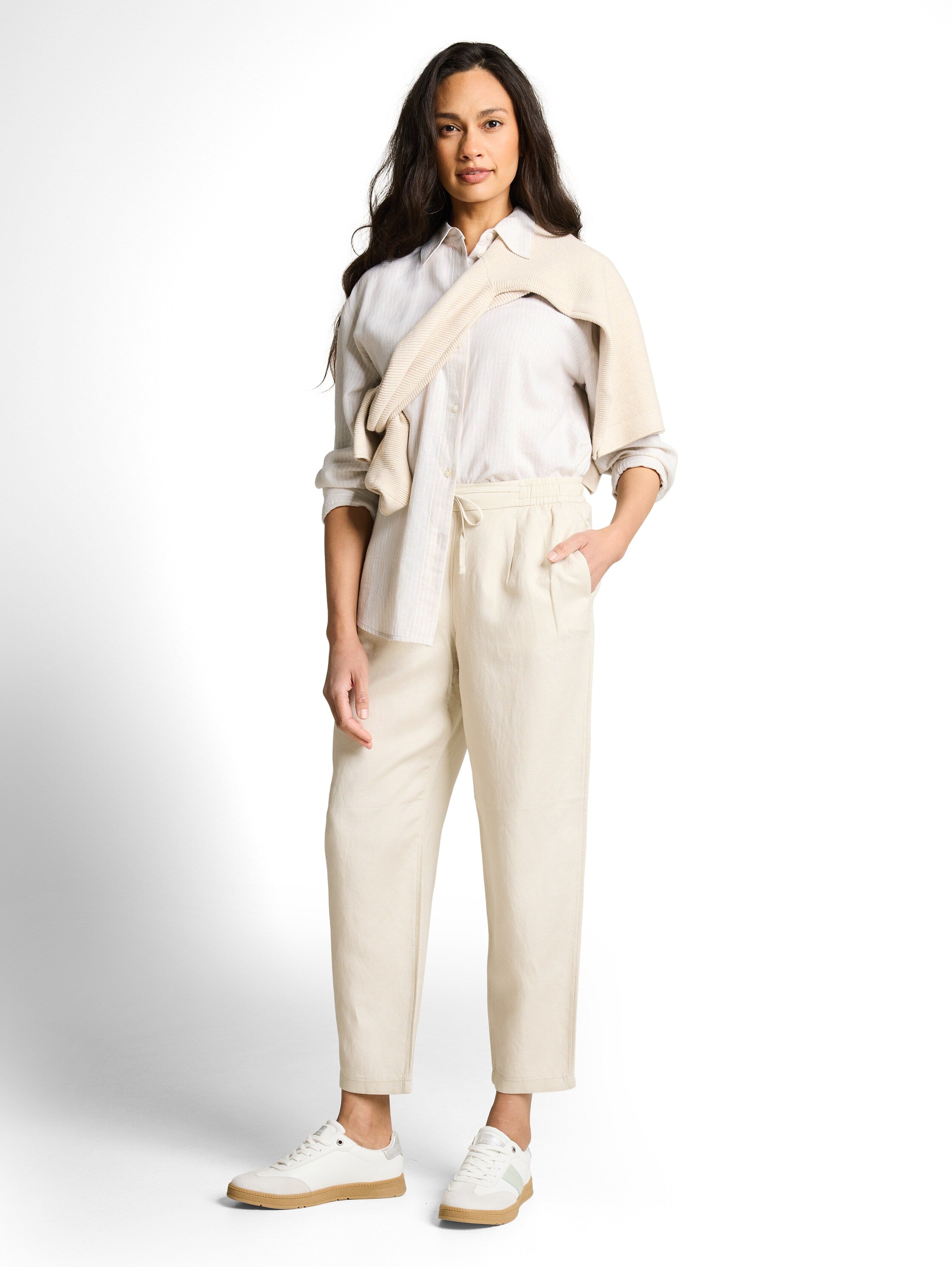 Tom Tailor Beige Striped White Oversized Shirt With Linen Blend
