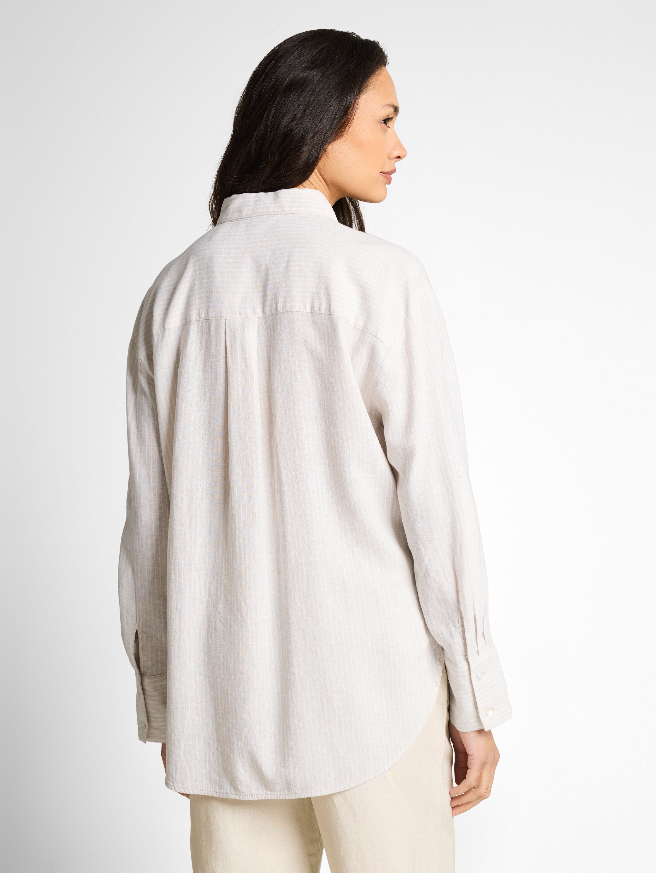 Tom Tailor Beige Striped White Oversized Shirt With Linen Blend