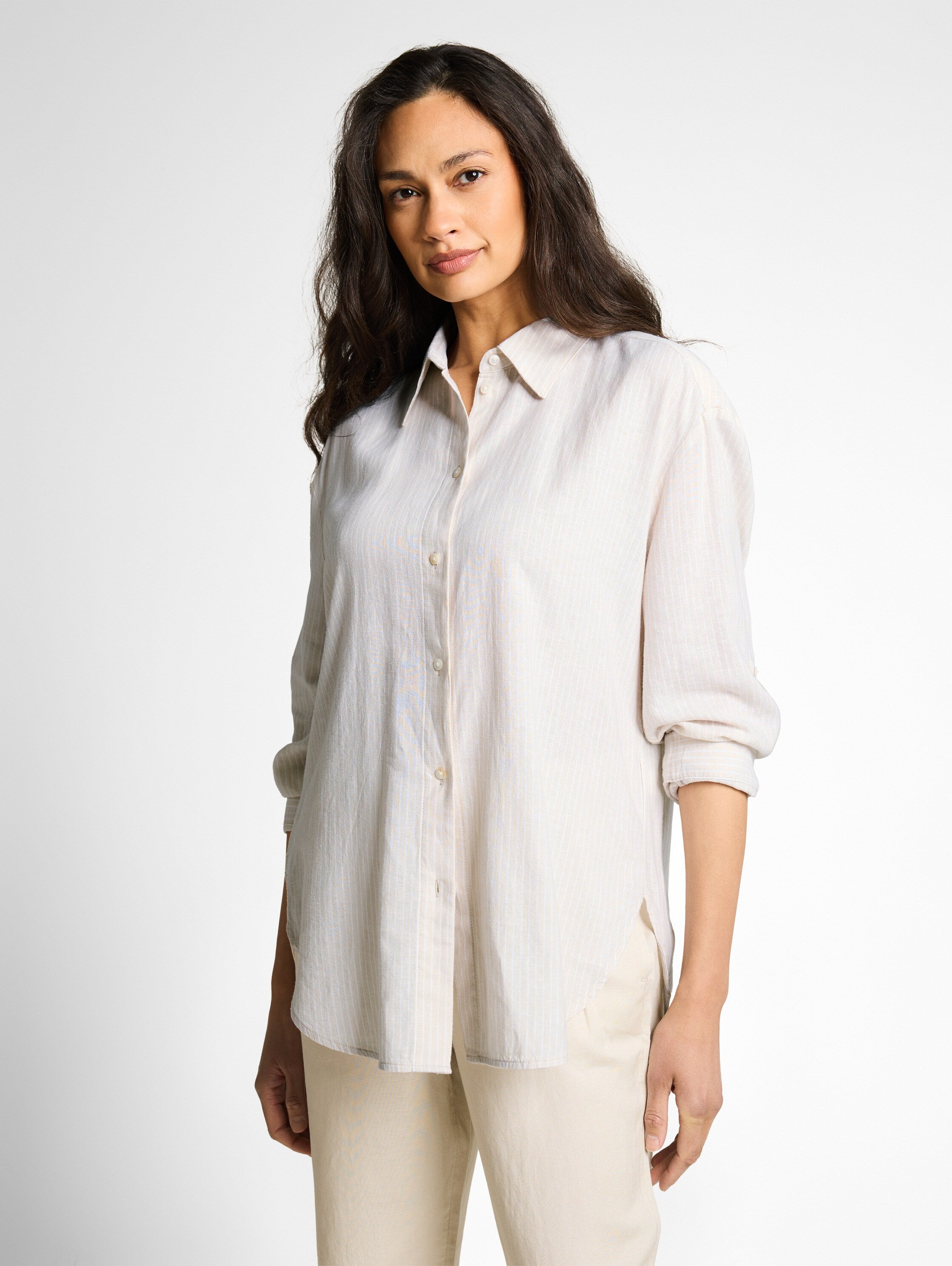 Tom Tailor Beige Striped White Oversized Shirt With Linen Blend