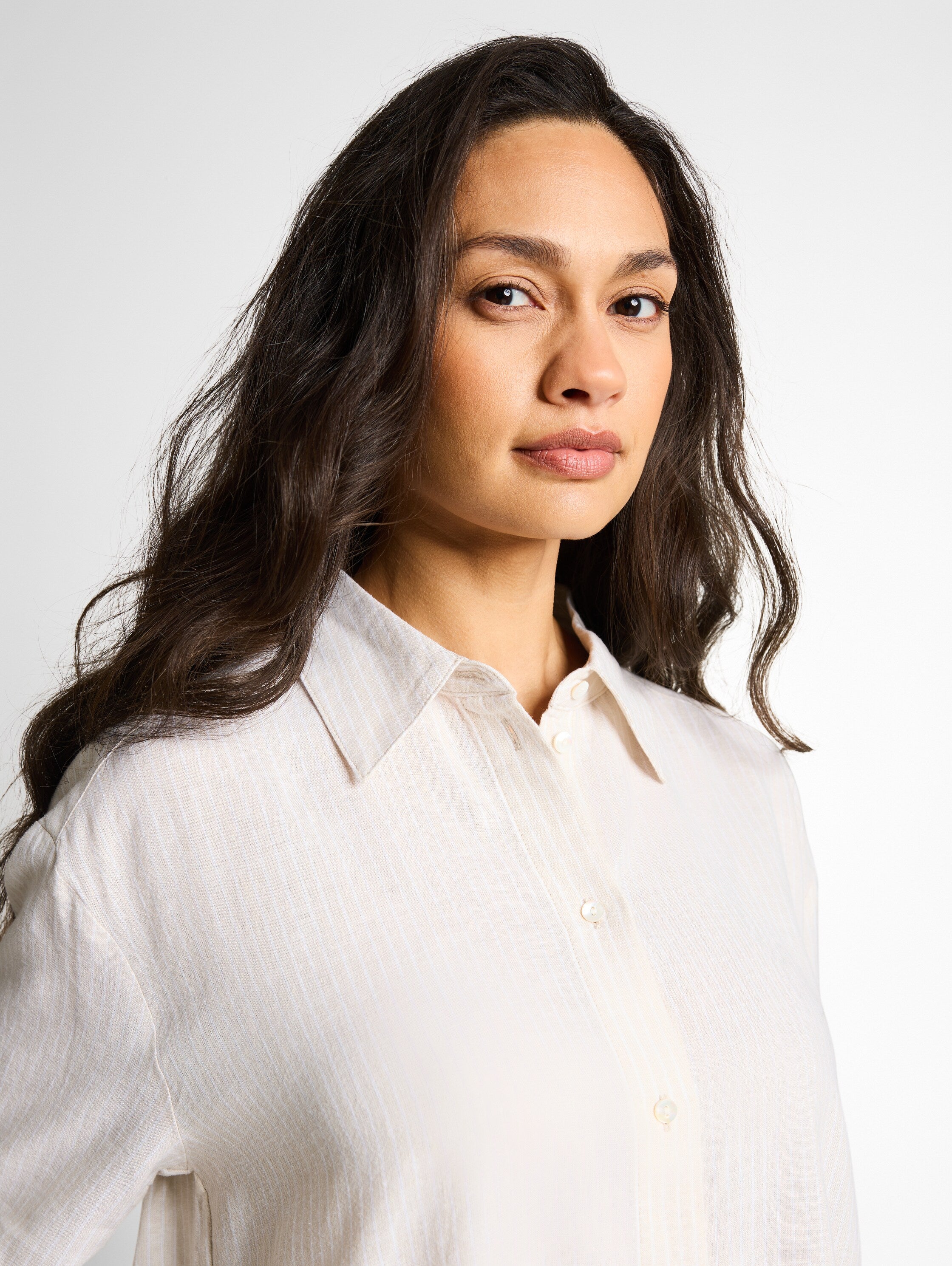 Tom Tailor Beige Striped White Oversized Shirt With Linen Blend