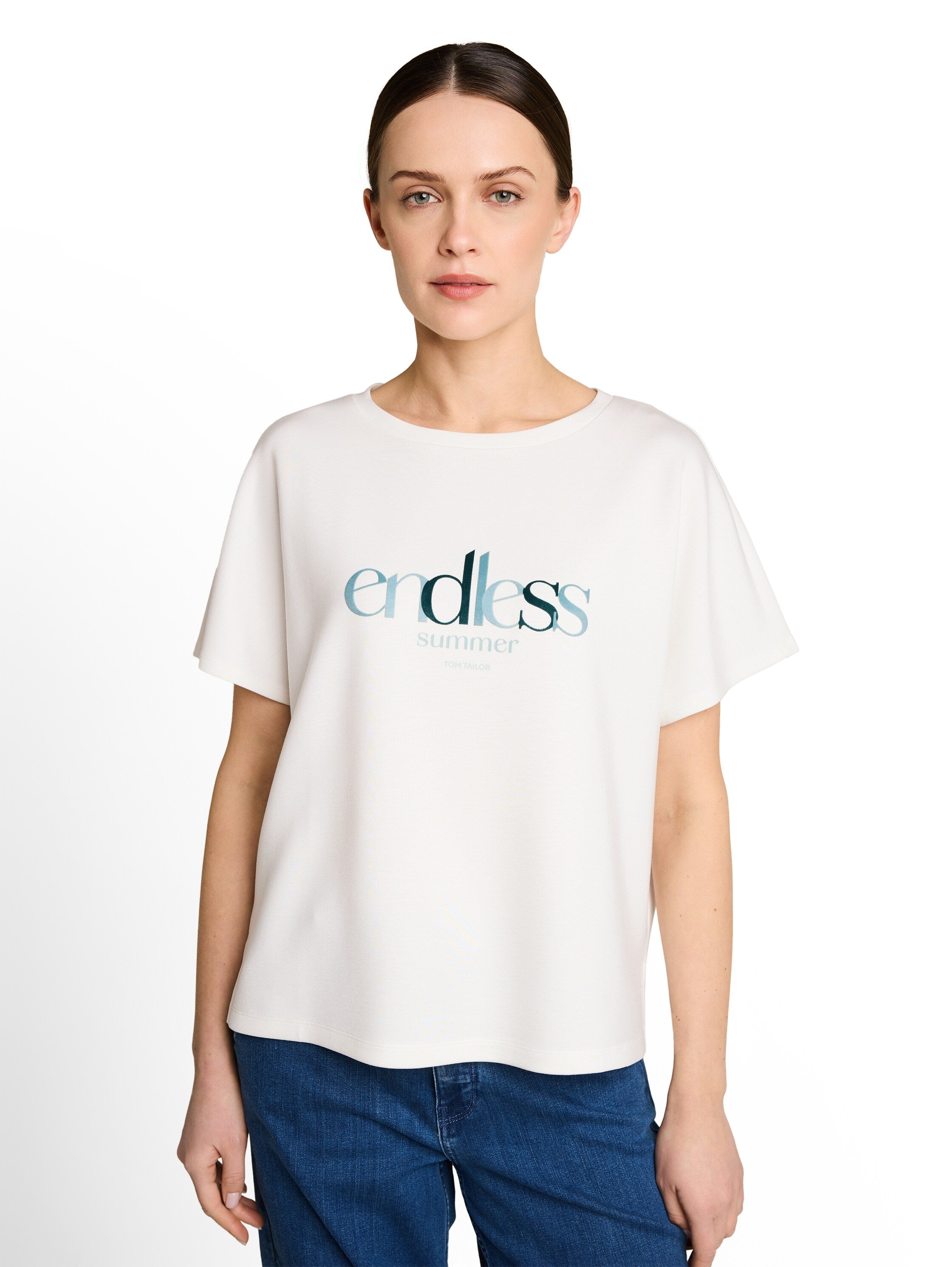 Tom Tailor White Loose-Fit Scuba T-shirt With Print