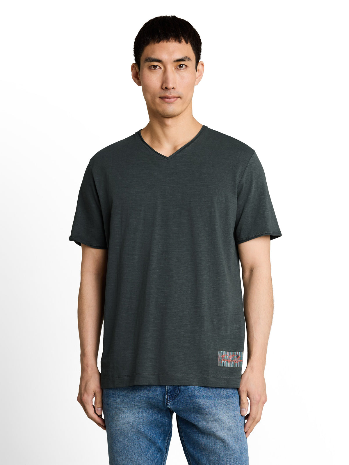 Tom Tailor Darkish Olive T-shirt with V-Neck With logo Print on The Hem