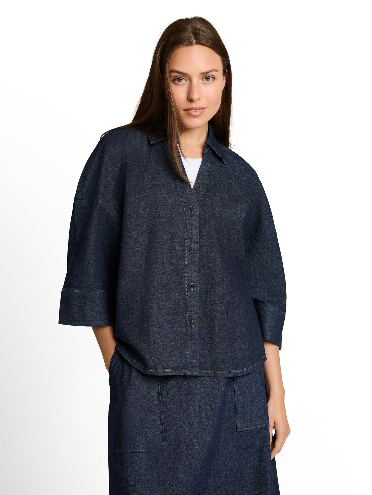 Tom Tailor Blue Rinse Denim Oversized Blouse with a V-Neck