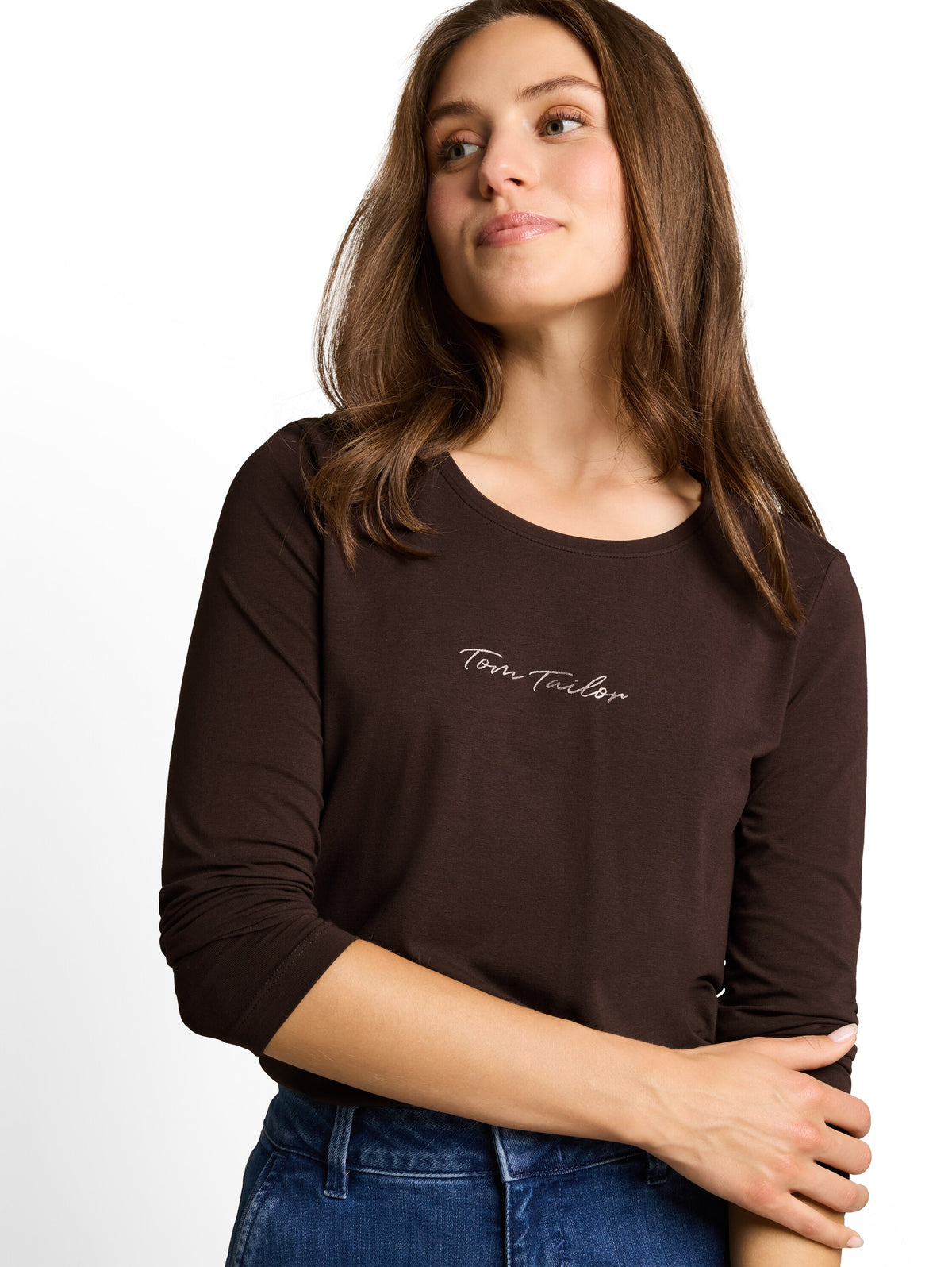 Tom Tailor Brown Slim-fit Top With Logo Print
