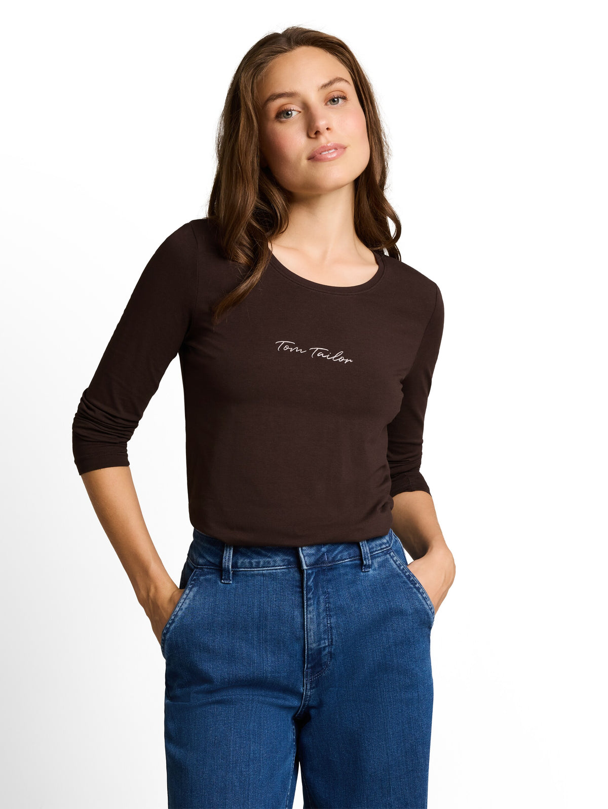 Tom Tailor Brown Slim-fit Top With Logo Print