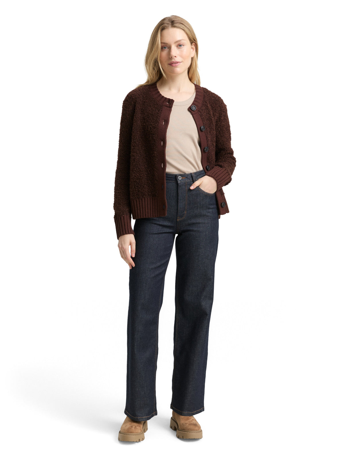 Tom Tailor Dark Brown Bouclé Cardigan with Wool Content
