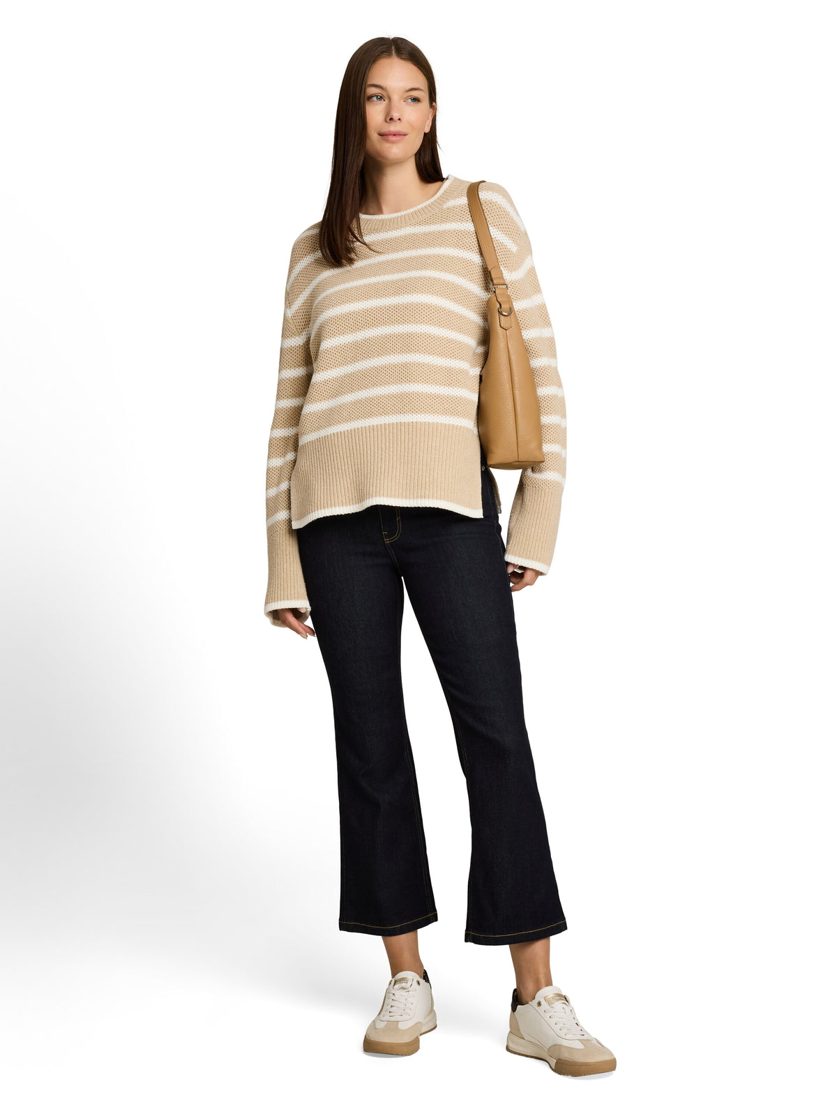 Tom Tailor Beige Oversized knitted Jumper With A Striped Pattern Pullover