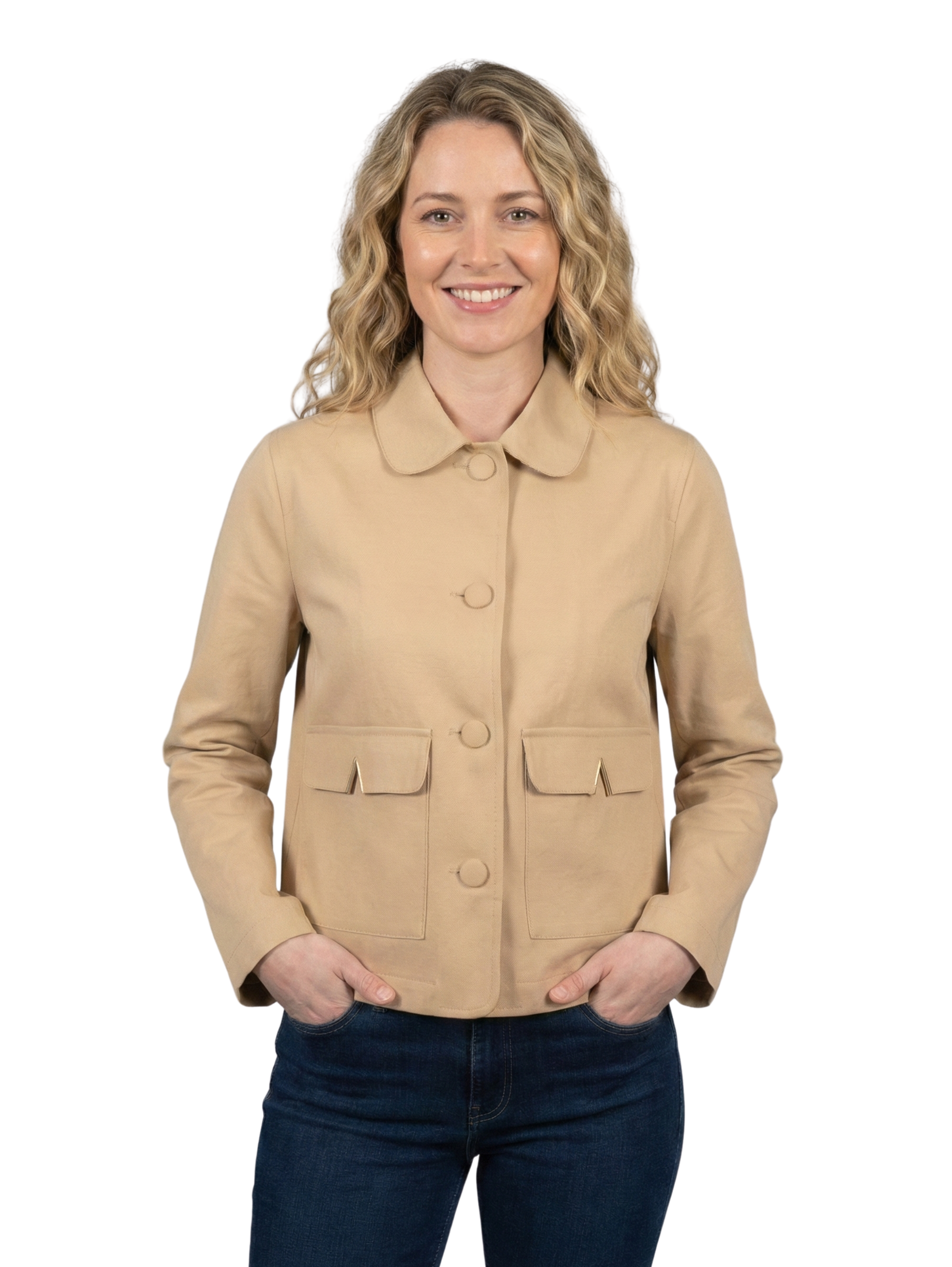 Beige Button up Jacket With Flap Pocket Design