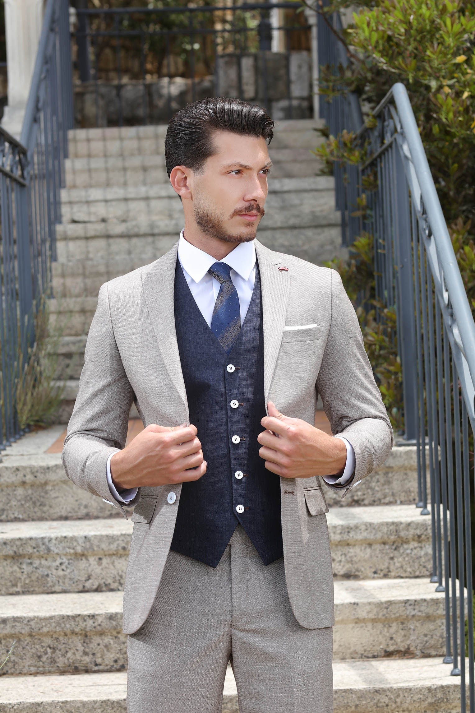 Men Light Brown 3-Piece Unique Stylish Suit