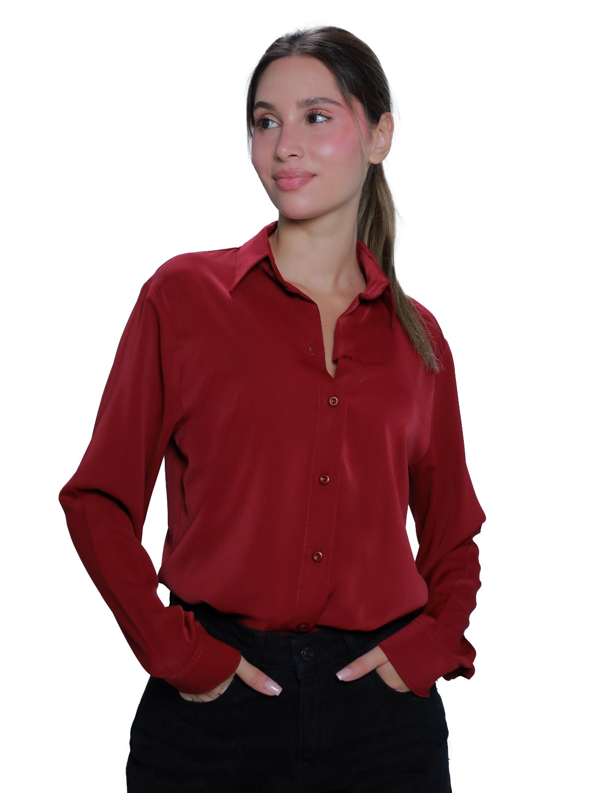 Long Sleeve Wine Shirt With Button To Close